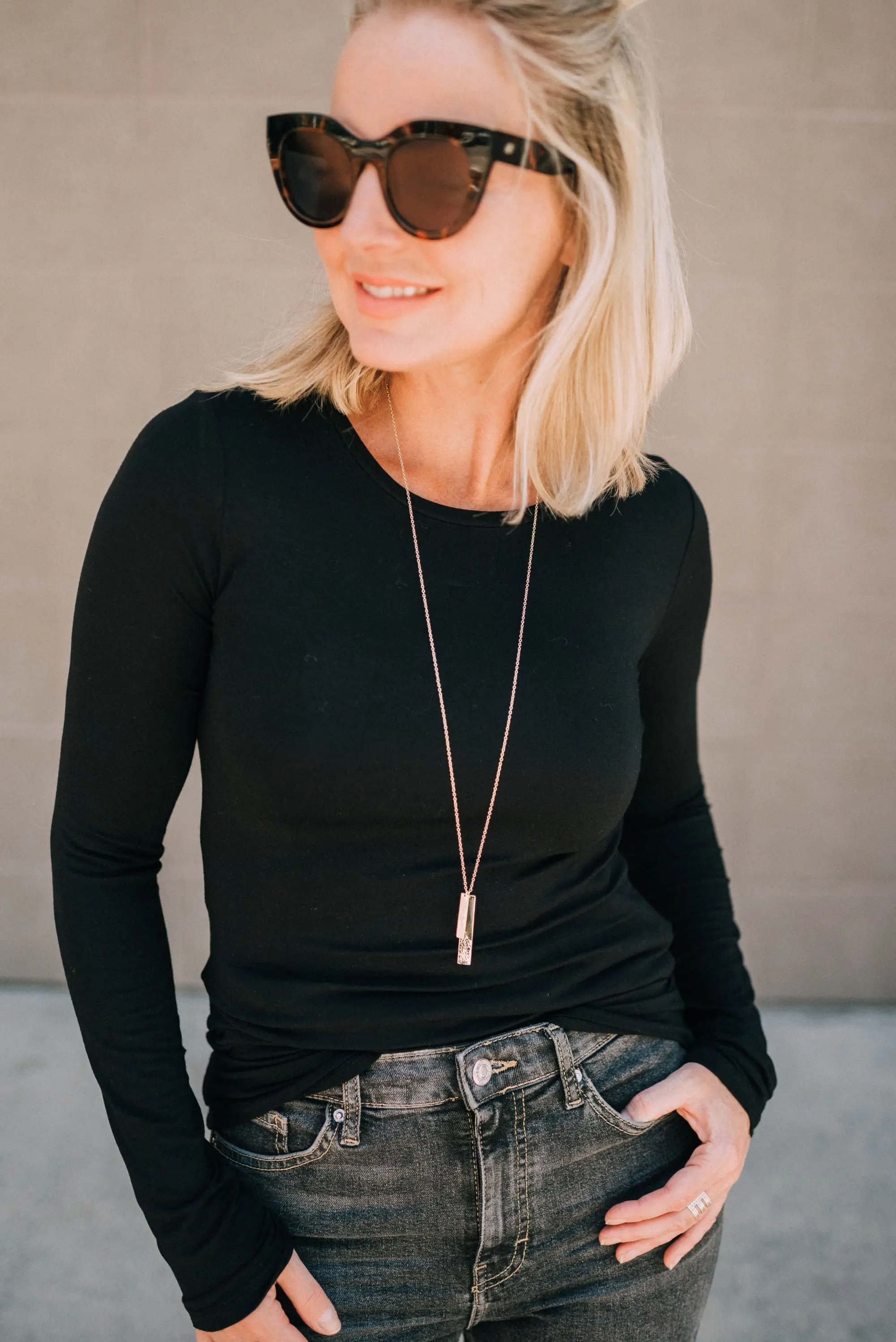 Nordstrom Sale Jewelry, Fashion blogger Erin Busbee of BusbeeStyle.com wearing a long bar pendant necklace by Gorjana from the Nordstrom Anniversary Sale