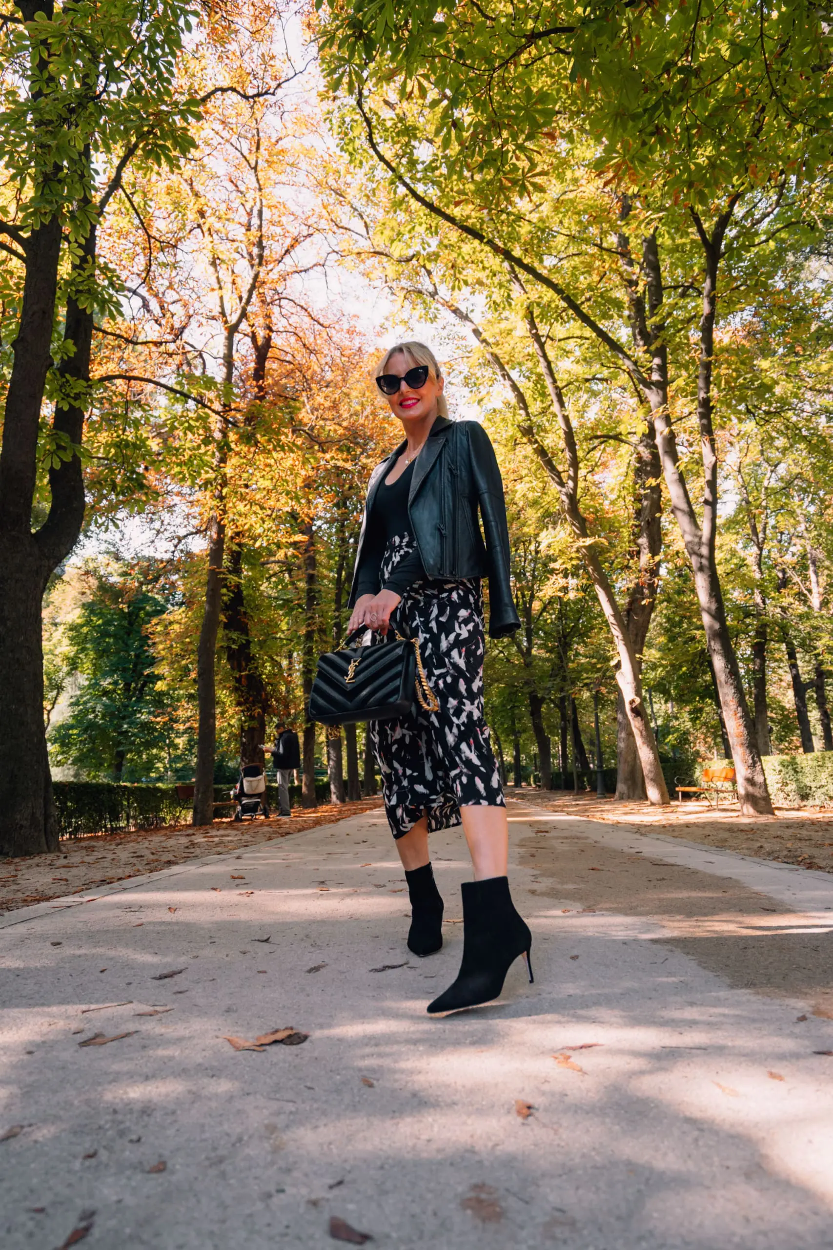 IRO printed midi skirt, IRO printed blouse, Spanx bodysuit, Schutz black booties, black moto jacket, Madrid, perfect midi skirt 2 ways, transitional pieces for fall, skirts for fall, skirts for winter, Erin Busbee, Busbee Style, Fashion over 40