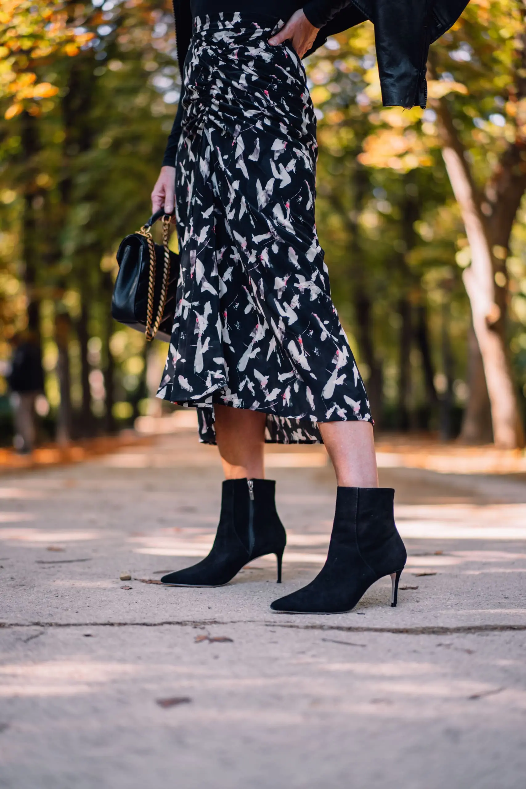 IRO printed midi skirt, IRO printed blouse, Spanx bodysuit, Schutz black booties, black moto jacket, Madrid, perfect midi skirt 2 ways, transitional pieces for fall, skirts for fall, skirts for winter, Erin Busbee, Busbee Style, Fashion over 40
