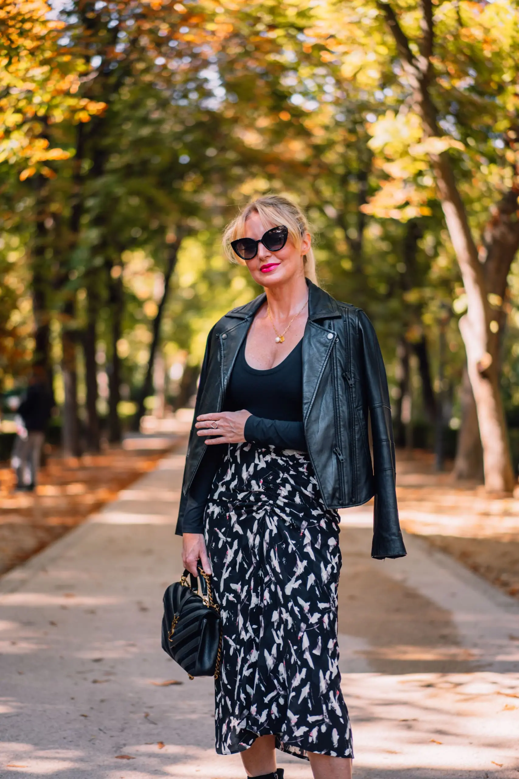 IRO printed midi skirt, IRO printed blouse, Spanx bodysuit, Schutz black booties, black moto jacket, Madrid, perfect midi skirt 2 ways, transitional pieces for fall, skirts for fall, skirts for winter, Erin Busbee, Busbee Style, Fashion over 40