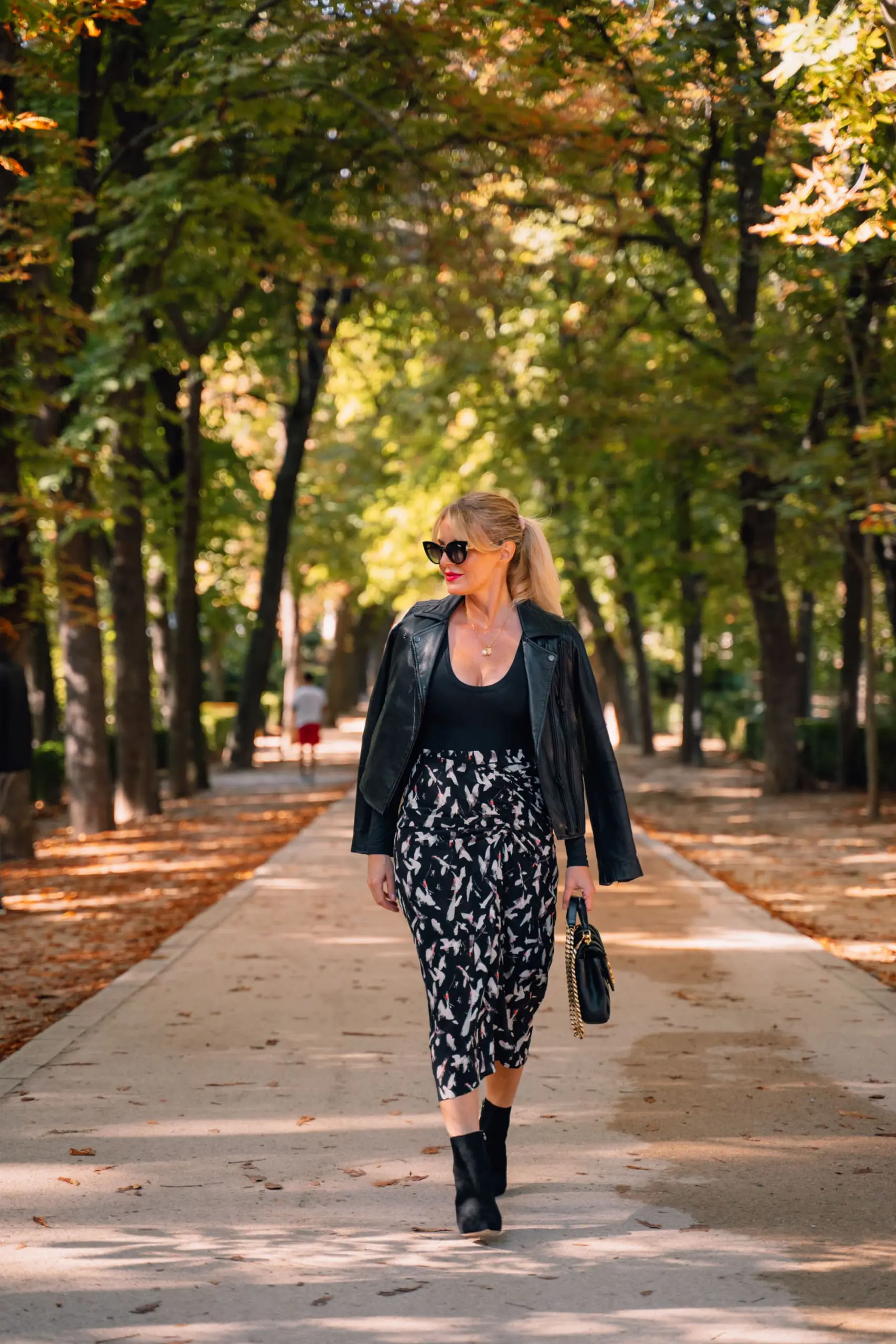 IRO printed midi skirt, IRO printed blouse, Spanx bodysuit, Schutz black booties, black moto jacket, Madrid, perfect midi skirt 2 ways, transitional pieces for fall, skirts for fall, skirts for winter, Erin Busbee, Busbee Style, Fashion over 40