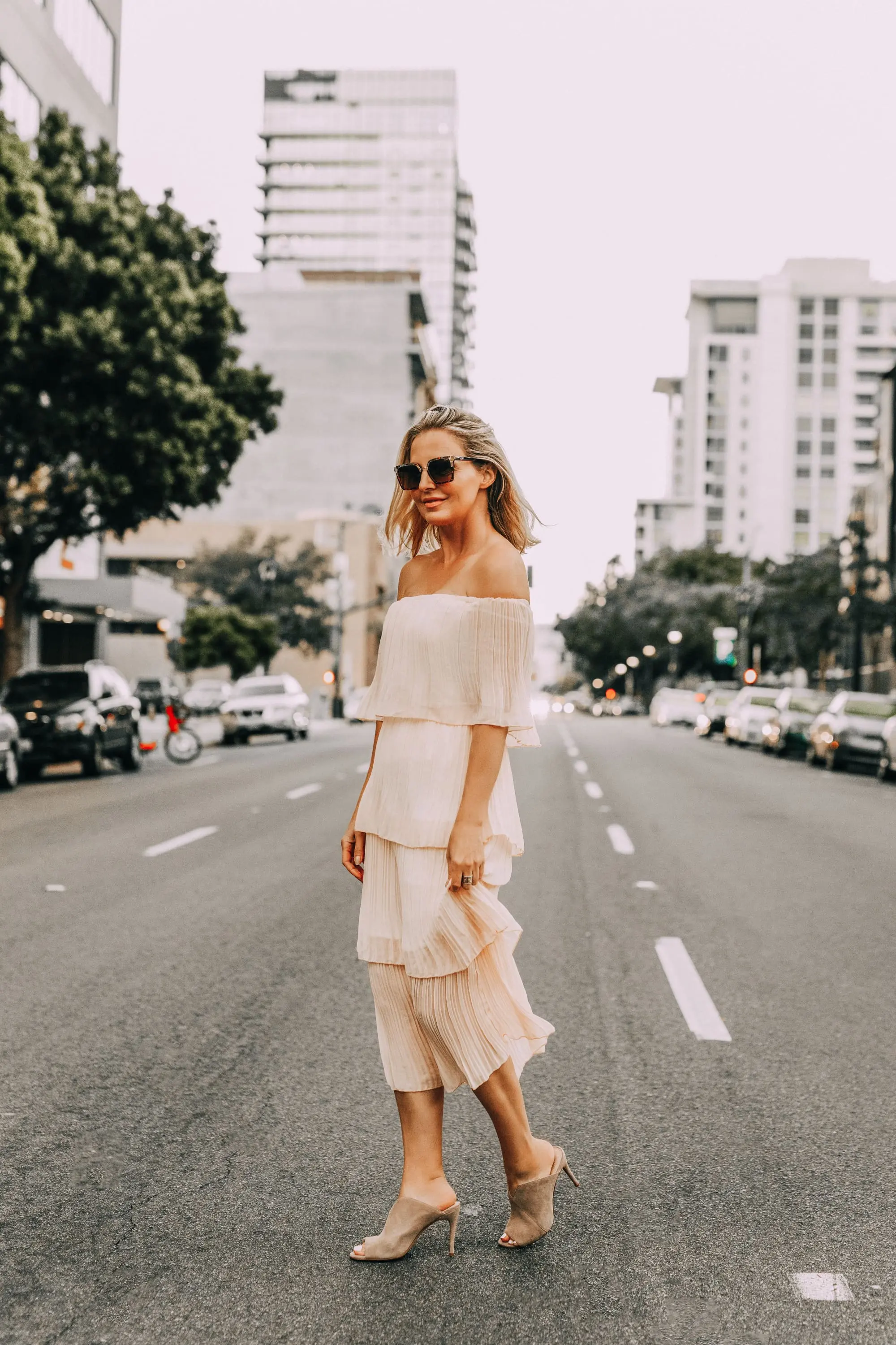 Tiered Amazon Dress, Fashion blogger Erin Busbee of BusbeeStyle.com wearing the popular tiered dress from Amazon in pink with nude Vince Camuto peep toe mules in San Diego, California