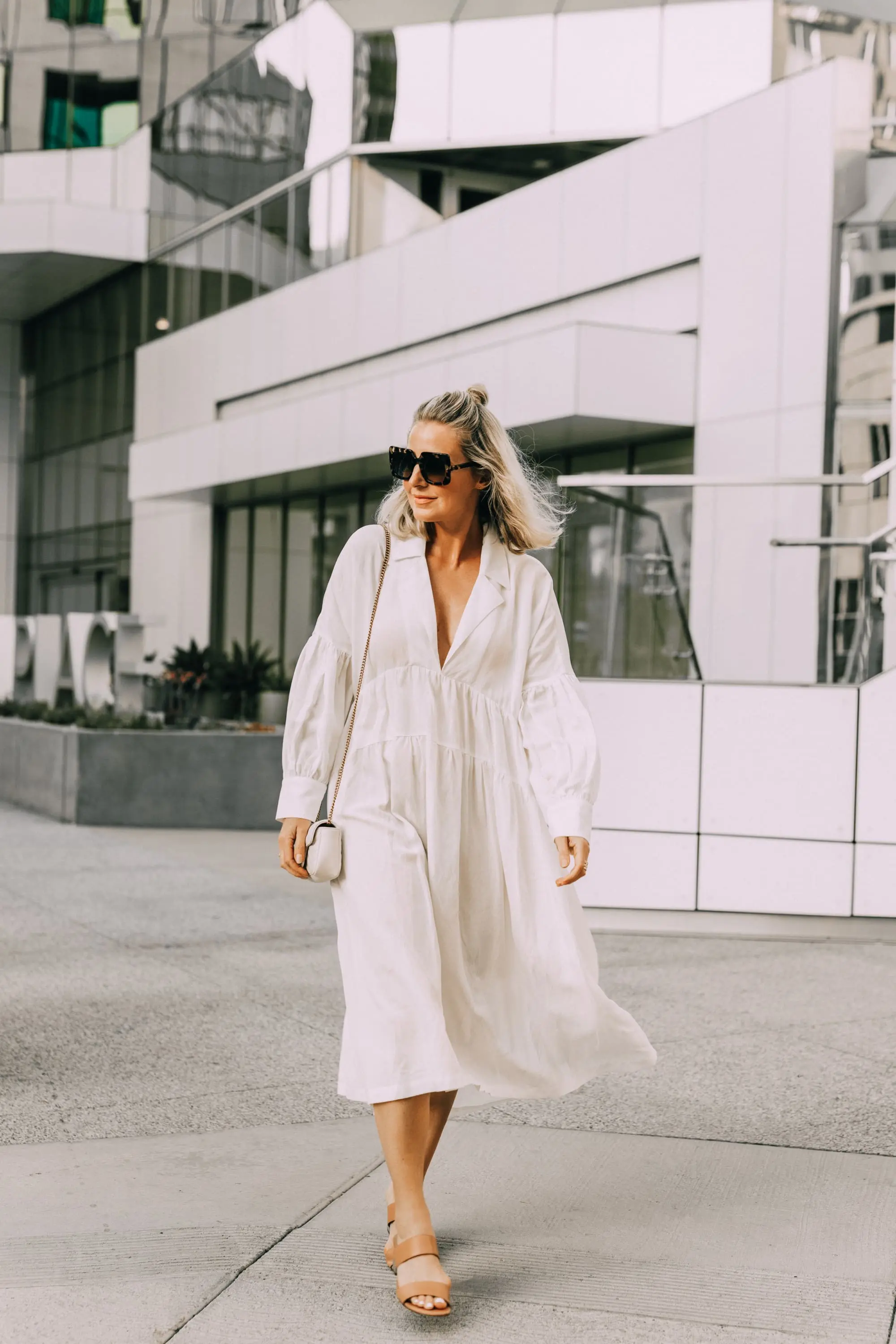 dress to hide belly fat in billowy white l'academie celina midi dress outfit with gucci marmont handbag
