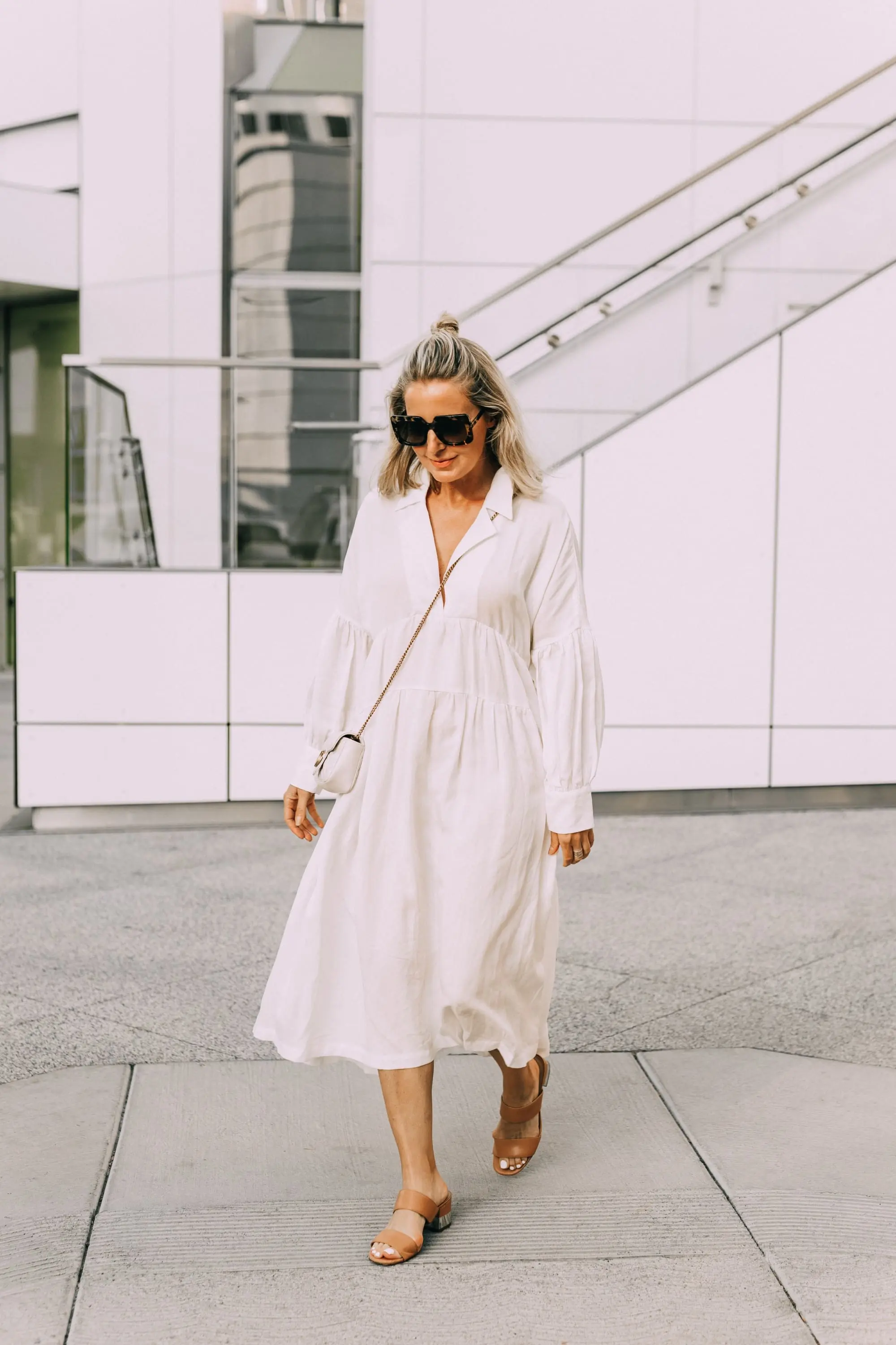 white billowy l'academie celina midi dress outfit