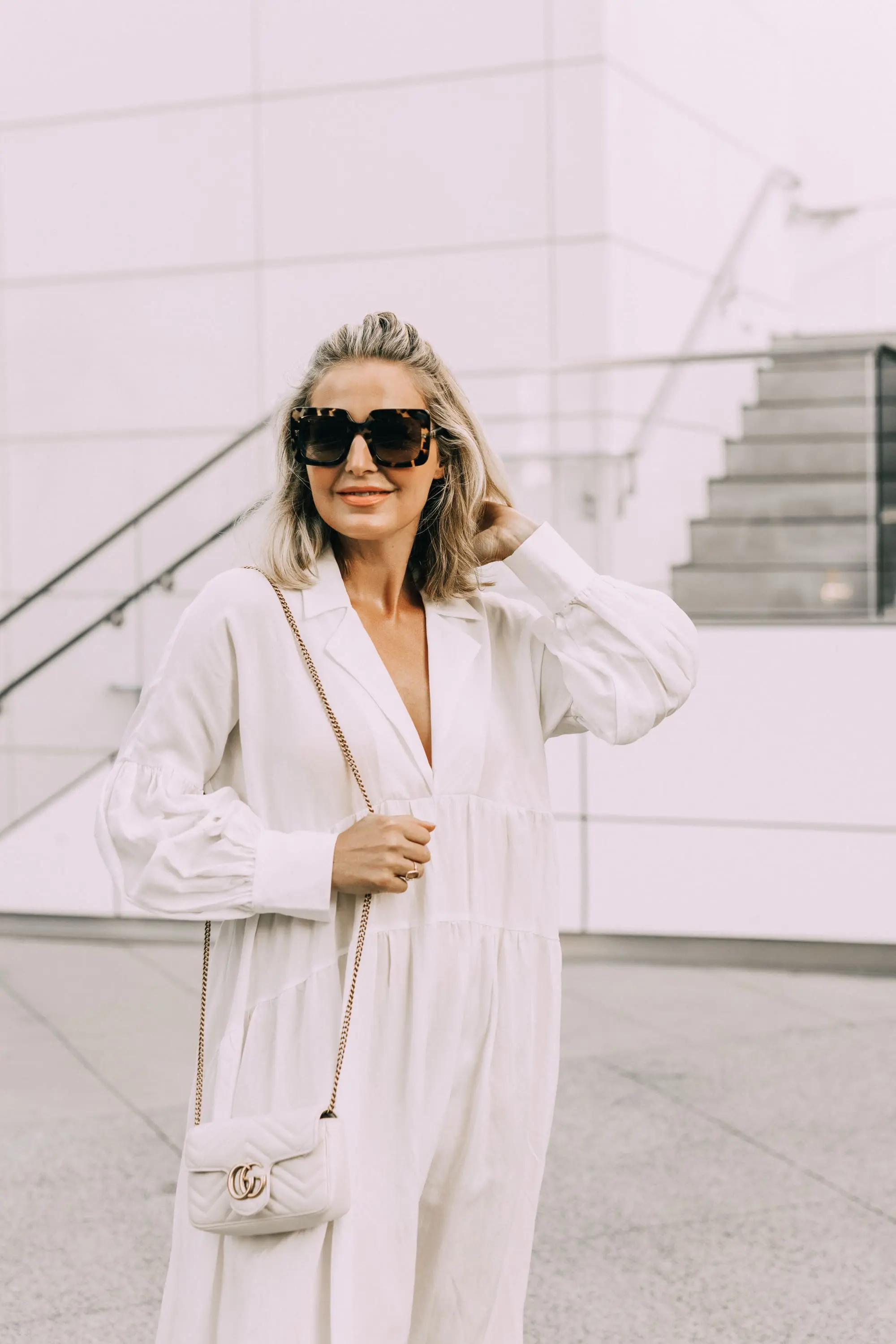 Dress That Hides Everything by l'academie with white gucci marmont leather crossbody