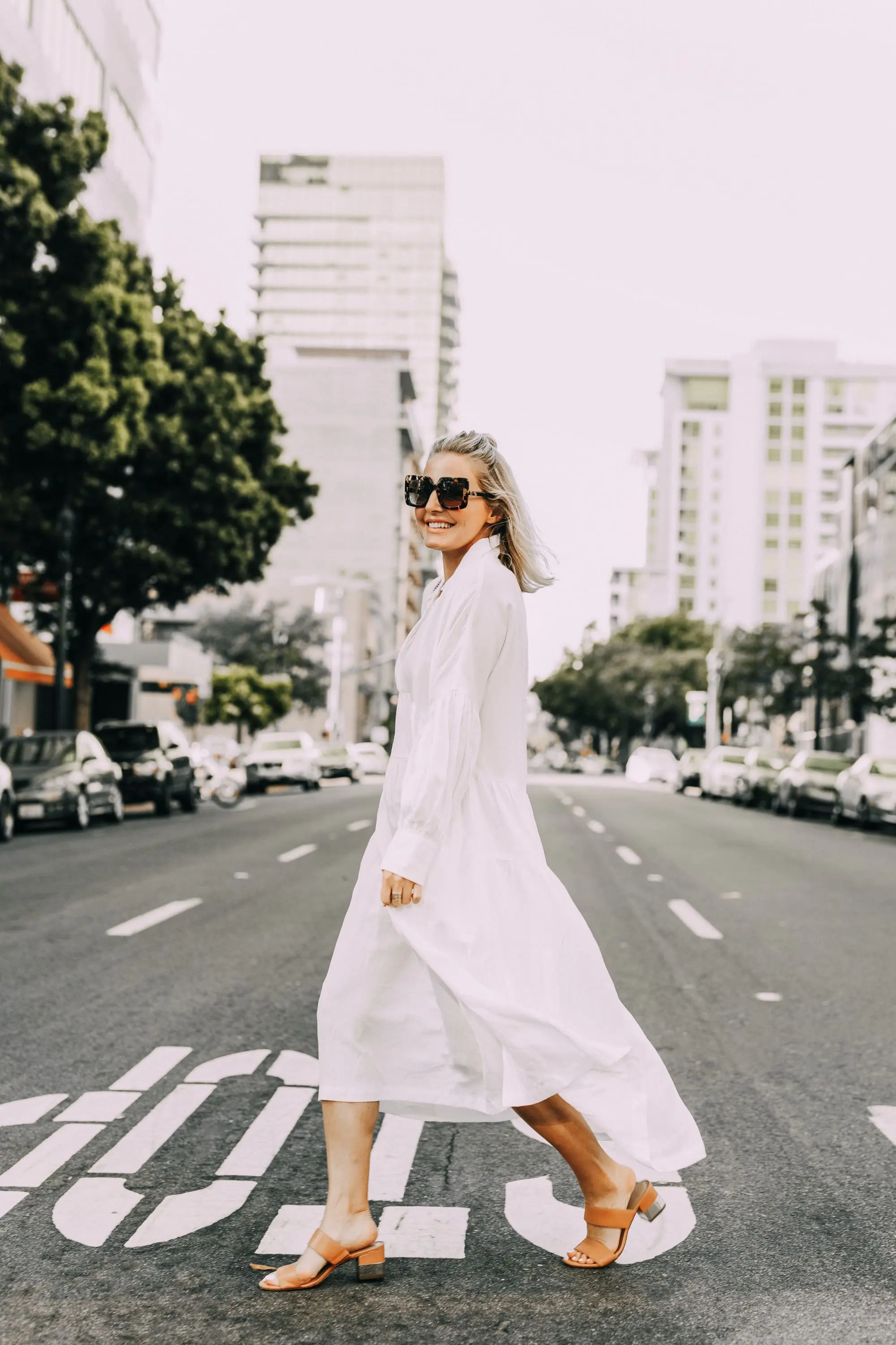 dress to hide belly fat in billowy white l'academie celina midi dress outfit
