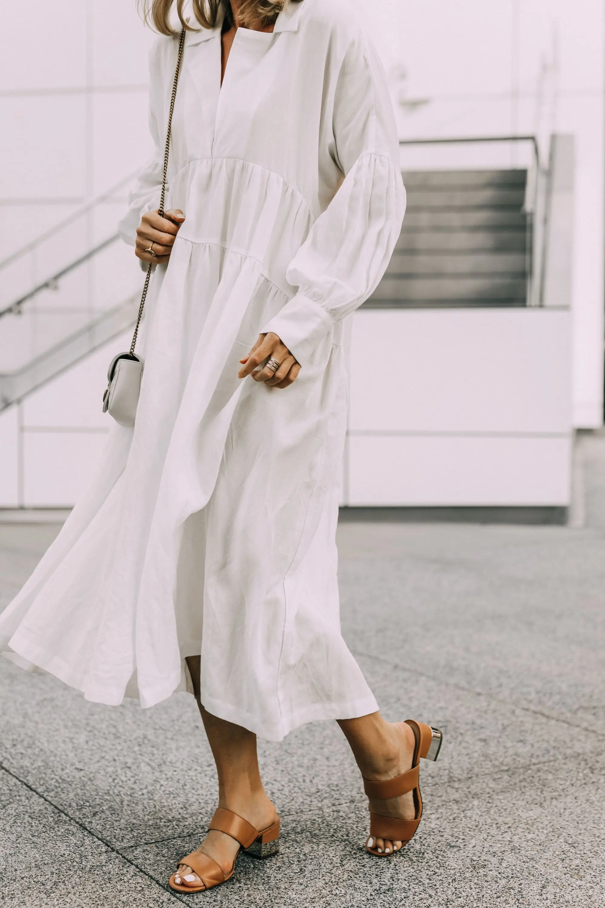 Dress That Hides Everything, Blonde fashion blogger over 40 Erin Busbee of BusbeeStyle.com wearing a white dress by L'Academie with tan block heel sandals from Ann Taylor and a white Gucci Marmont shoulder bag in San Diego, California