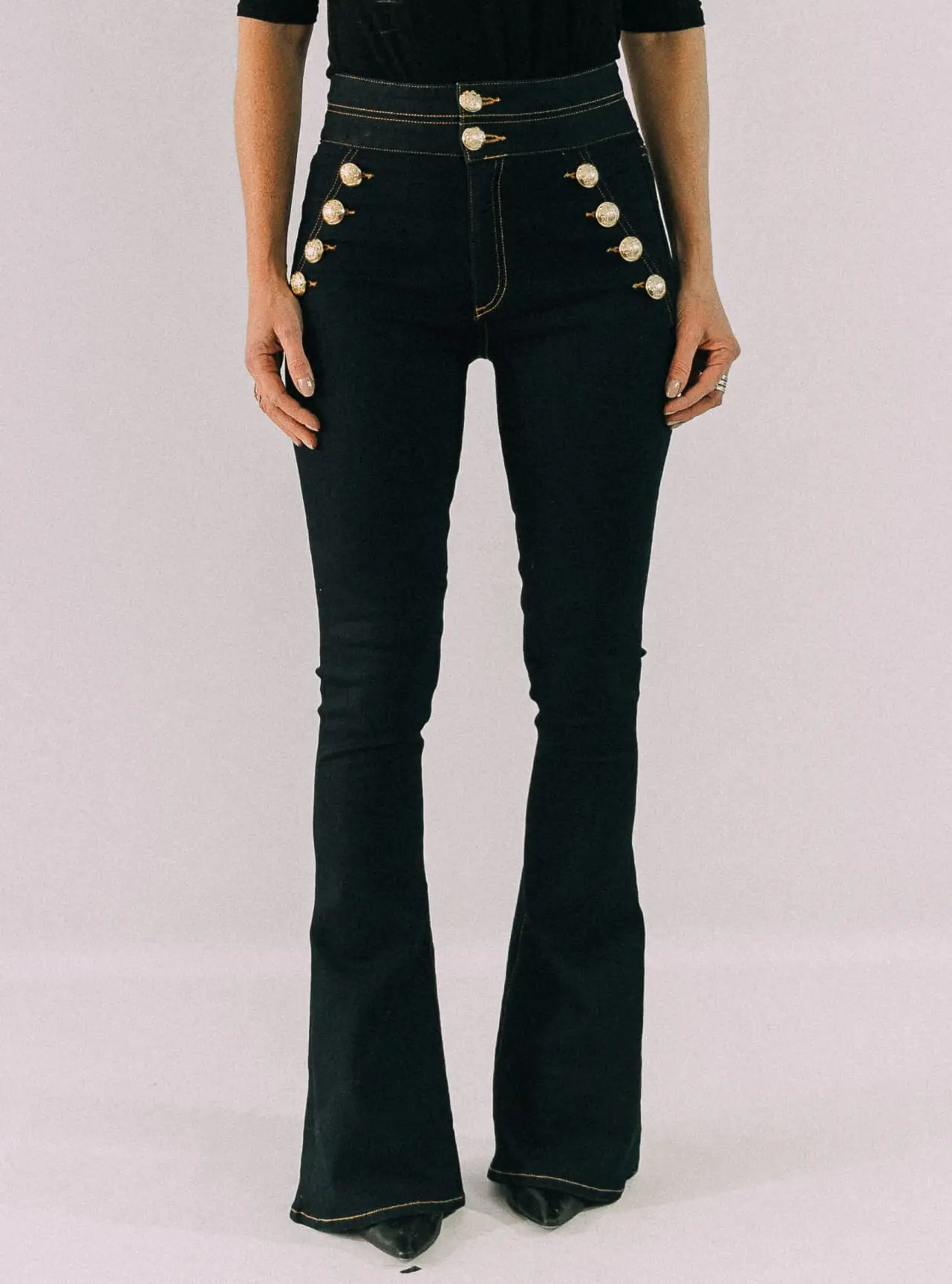 flared jeans in a high rise dark wash by Veronica Beard on fashion blogger over 40, Erin Busbee of Busbee Style