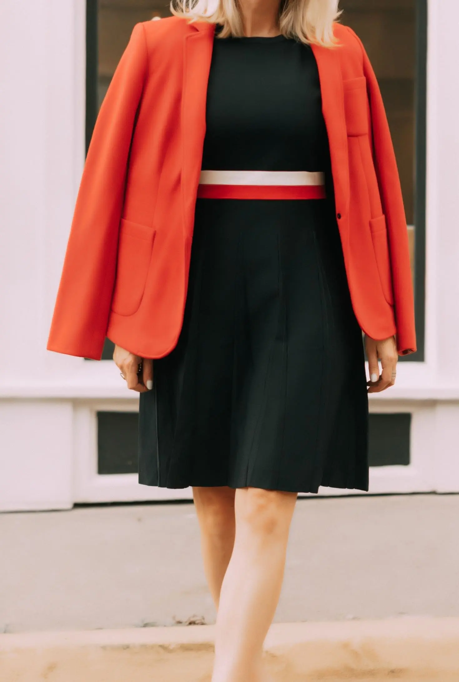 Colorful Office Outfits, Fashion blogger Erin Busbee of BusbeeStyle.com wearing a red knit blazer and navy striped fit and flare dress by Tommy Hilfiger in Telluride, CO
