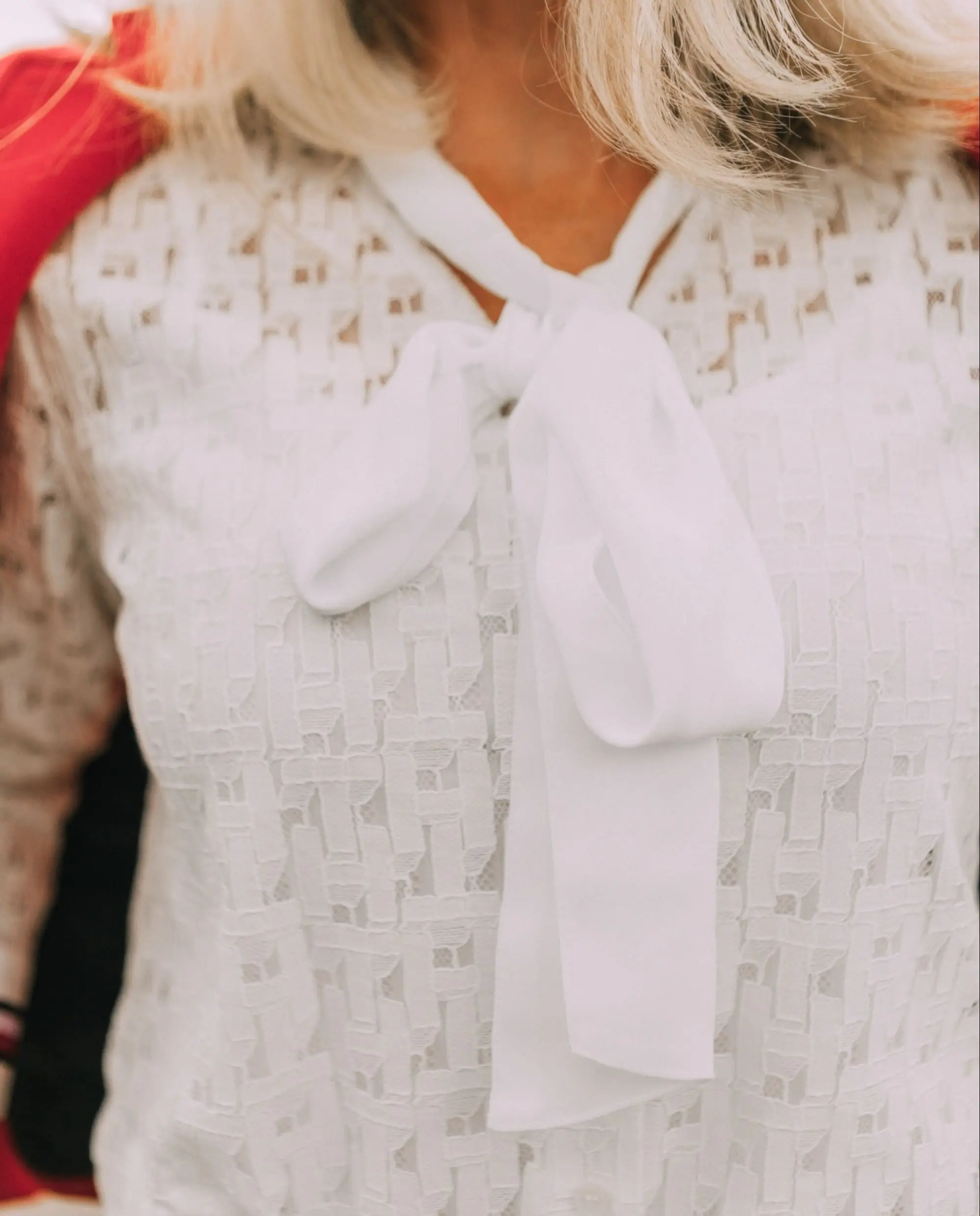 Colorful Office Outfits, Fashion blogger Erin Busbee of BusbeeStyle.com wearing a red knit blazer, navy pants, and white lace button down by Tommy Hilfiger in Telluride, CO