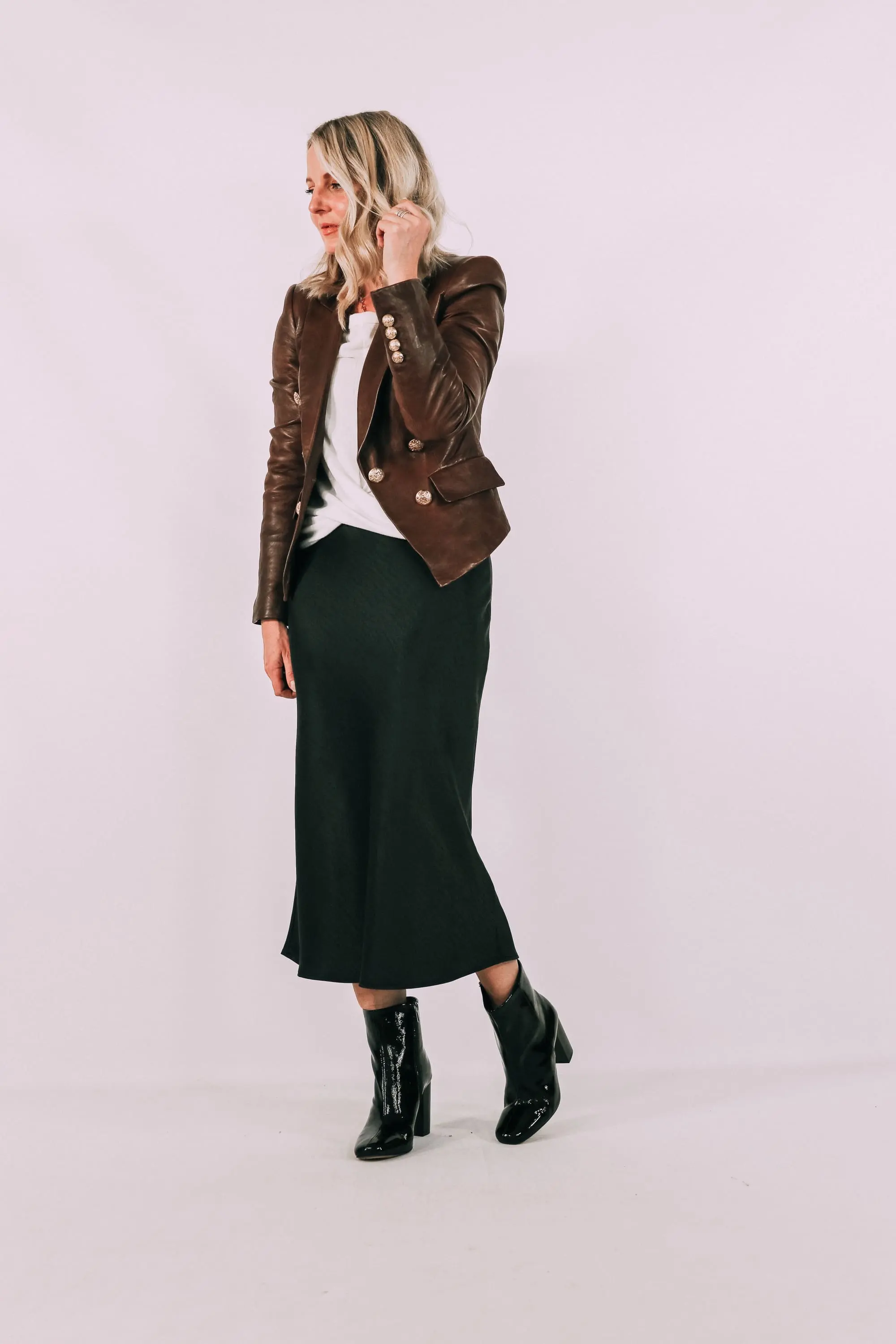 Square Toe Booties black patent square toe Dannia booties by Vince Camuto worn in outfit with black skirt, brown leather veronica beard blazer