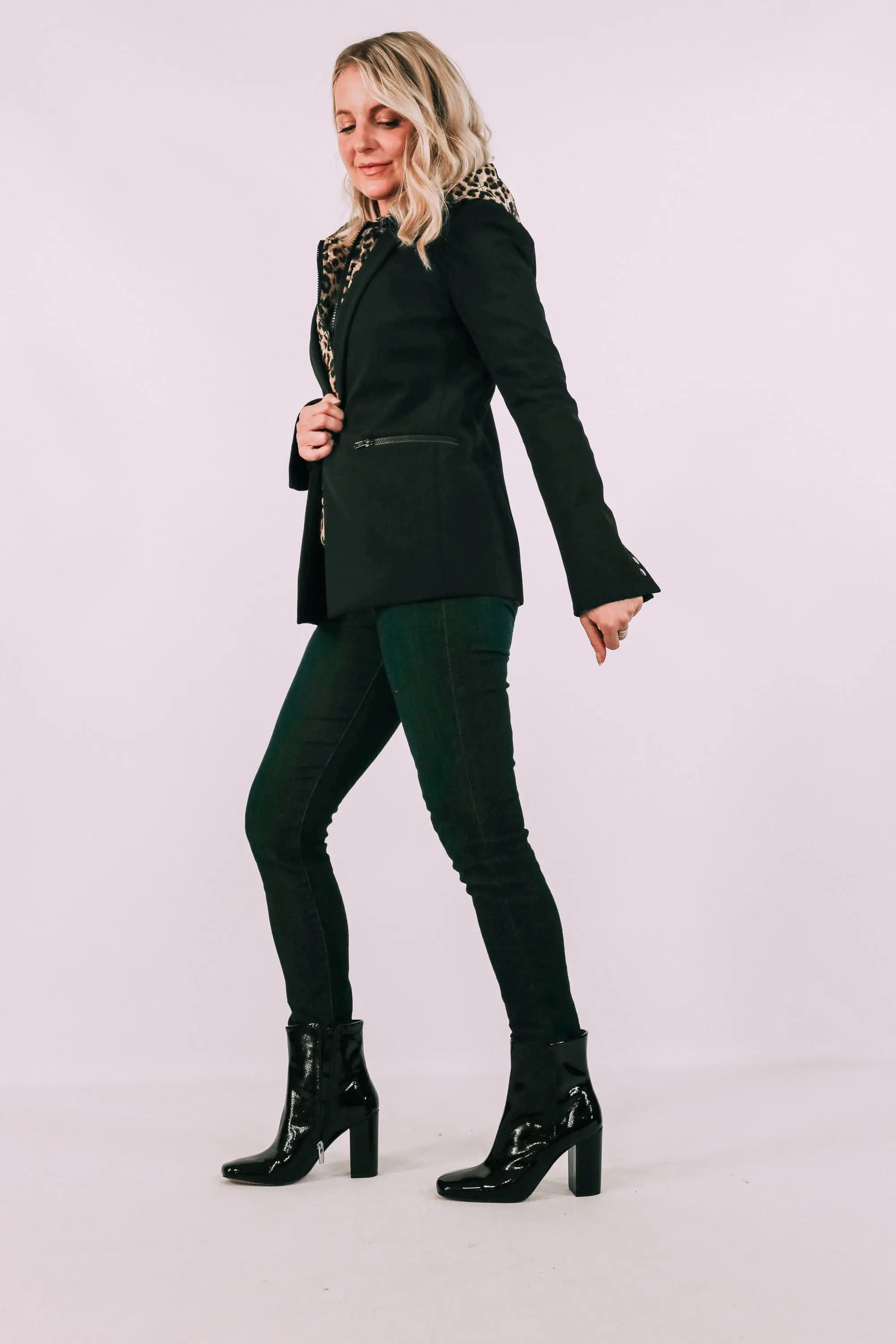Vince Camuto square toe booties outfit with black veronica beard scuba dickey jacket leopard removable puffer dickey