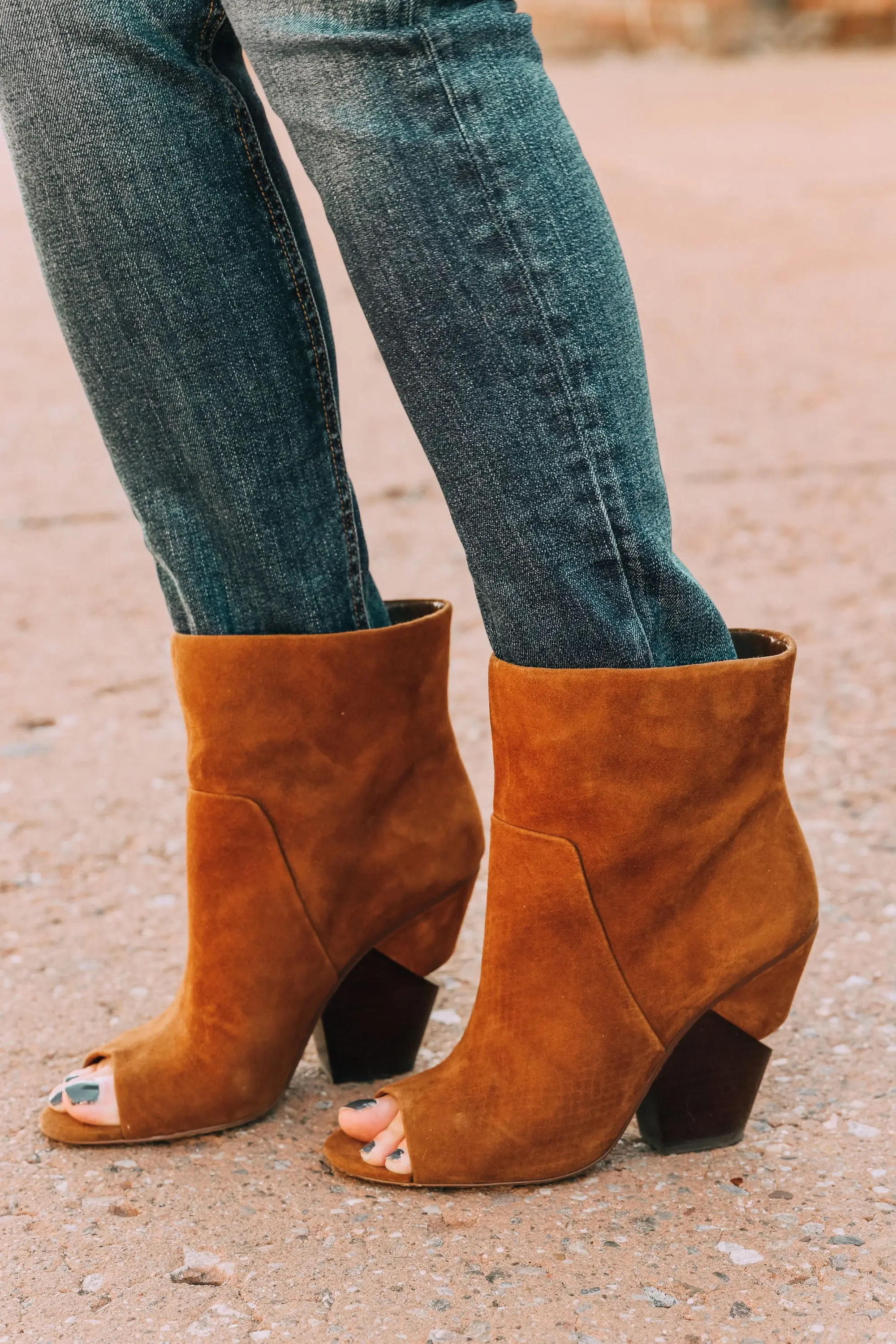 vince camuto kehrey notched heel open toe brown suede bootie fall outfit