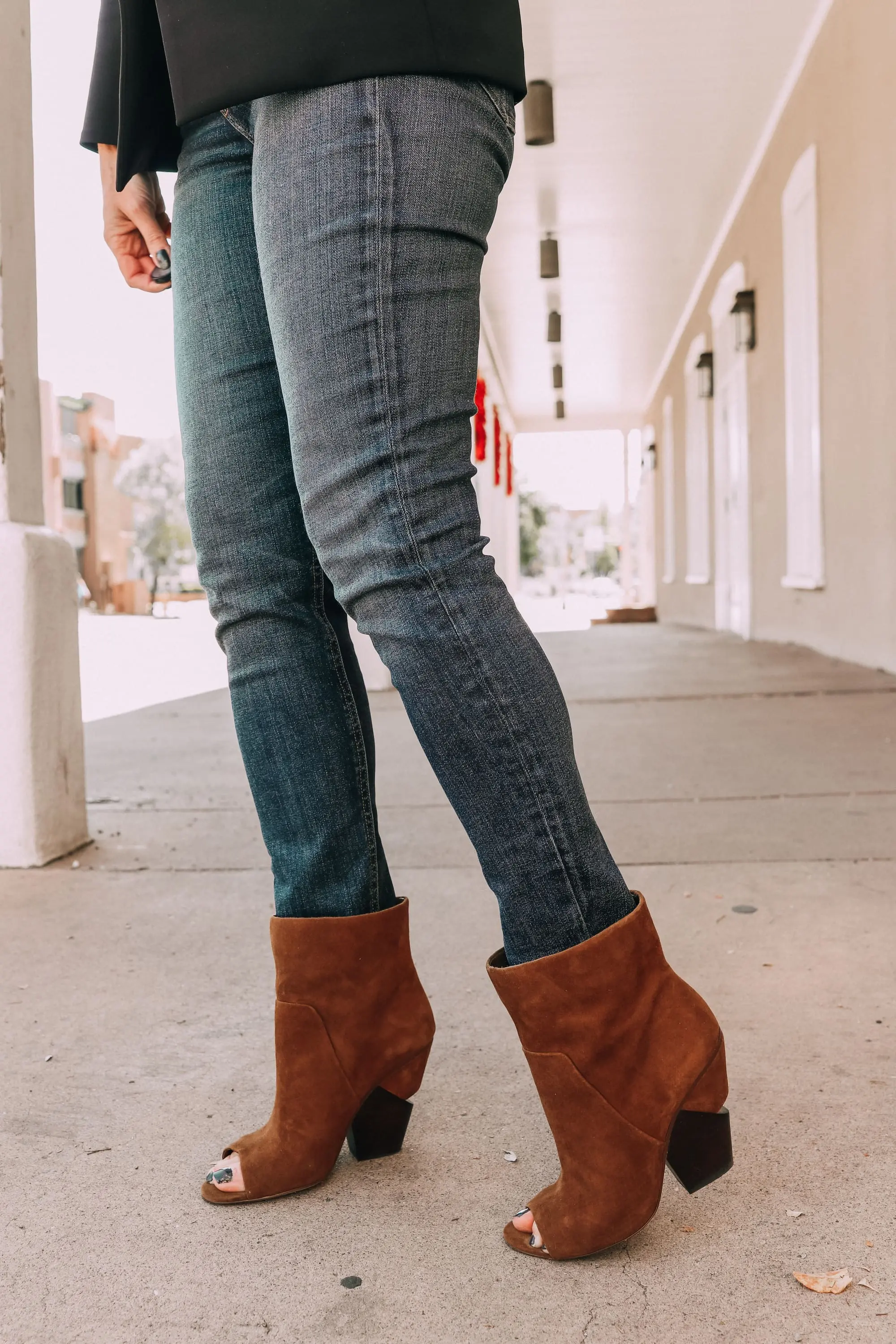 vince camuto kehrey notched heel open toe brown suede bootie fall outfit