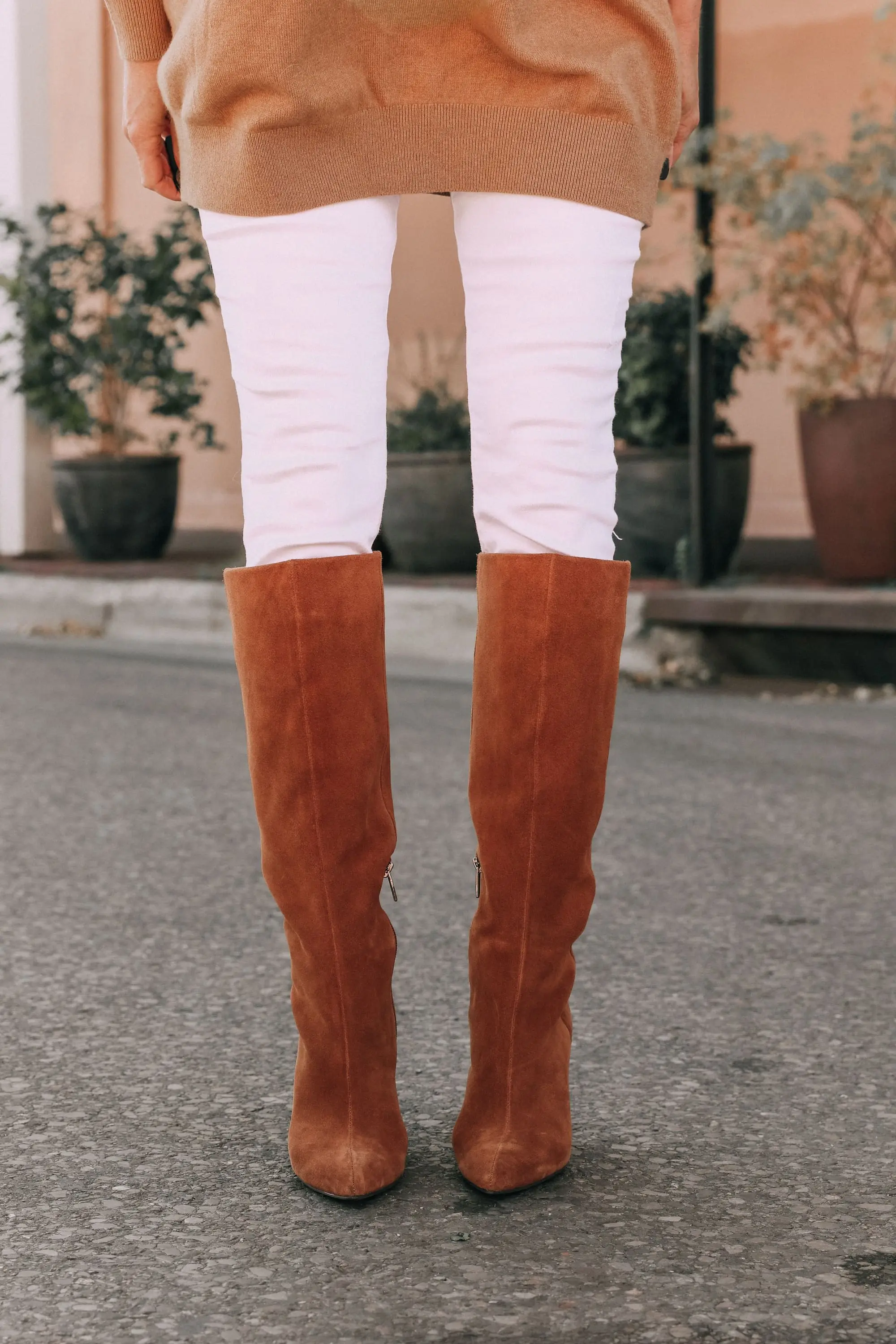 brown suede vince camuto modesie cone heel knee high statement boots