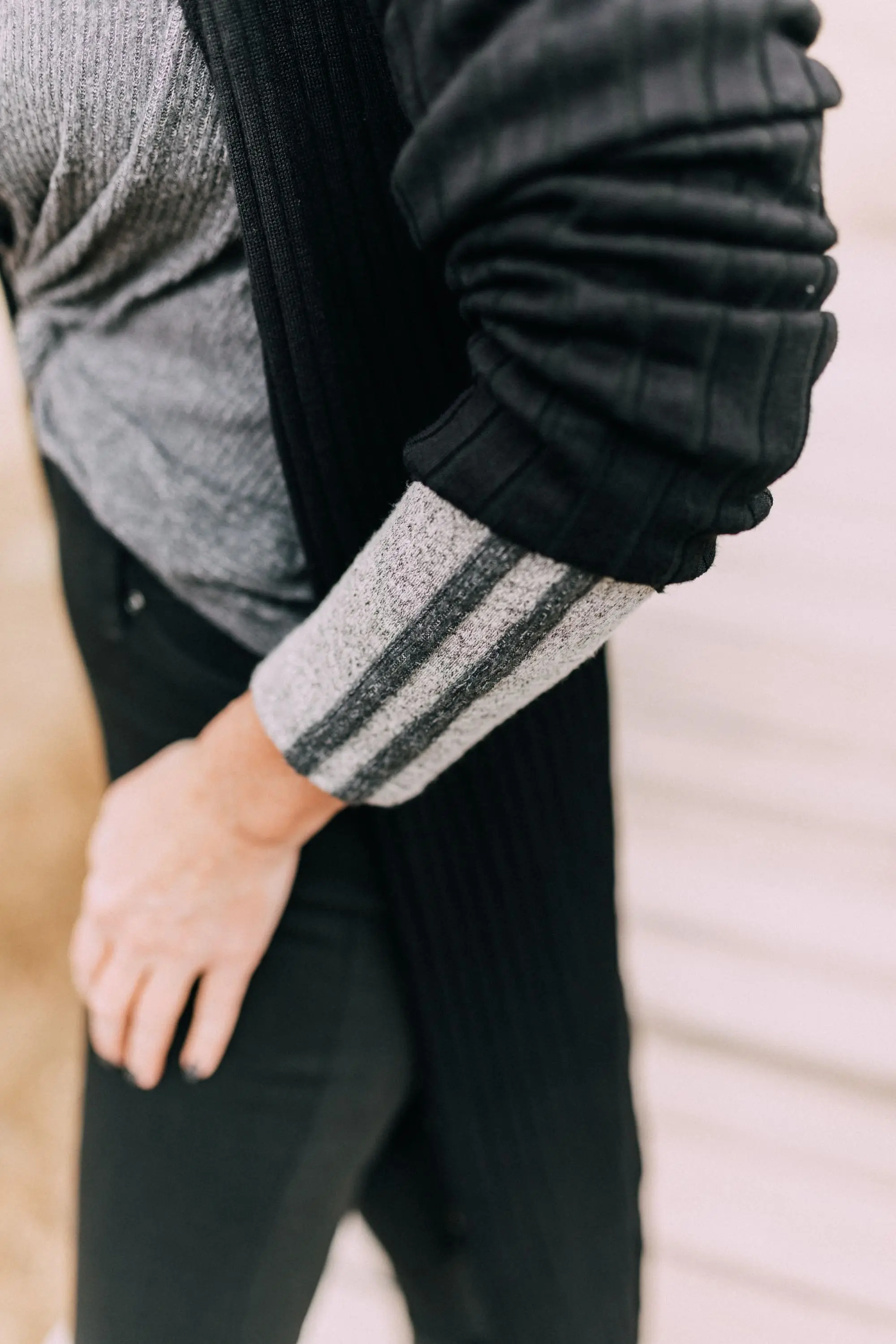 Long Cardigan, Fashion blogger Busbee Style wearing Time & Tru black jeggings, Scoop snake embossed booties, gray twist front hoodie, Walmart black ribbed cardigan Telluride, CO