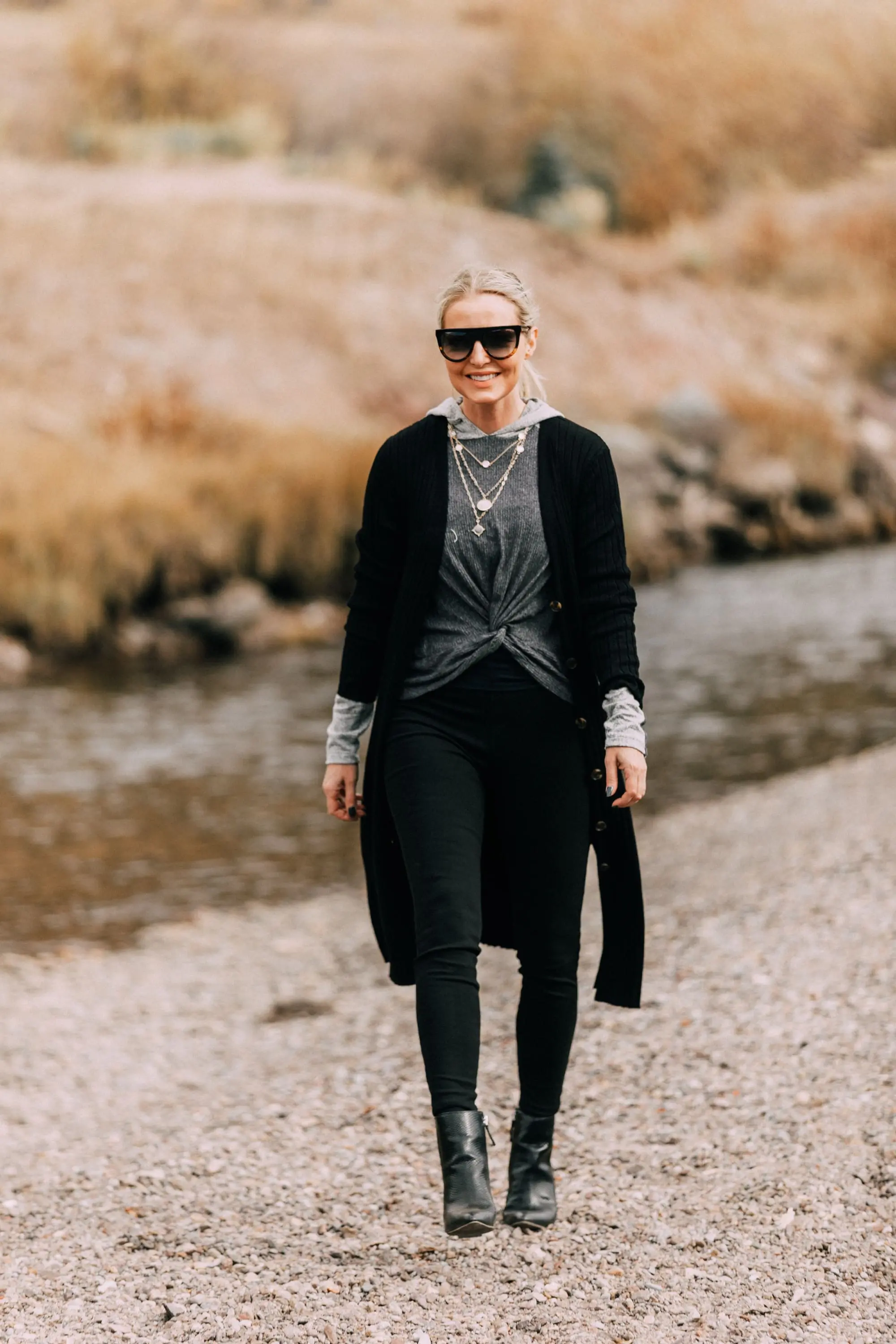 Long Cardigan, Fashion blogger Busbee Style wearing Time & Tru black jeggings, Scoop snake embossed booties, gray twist front hoodie, Walmart black ribbed cardigan Telluride, CO