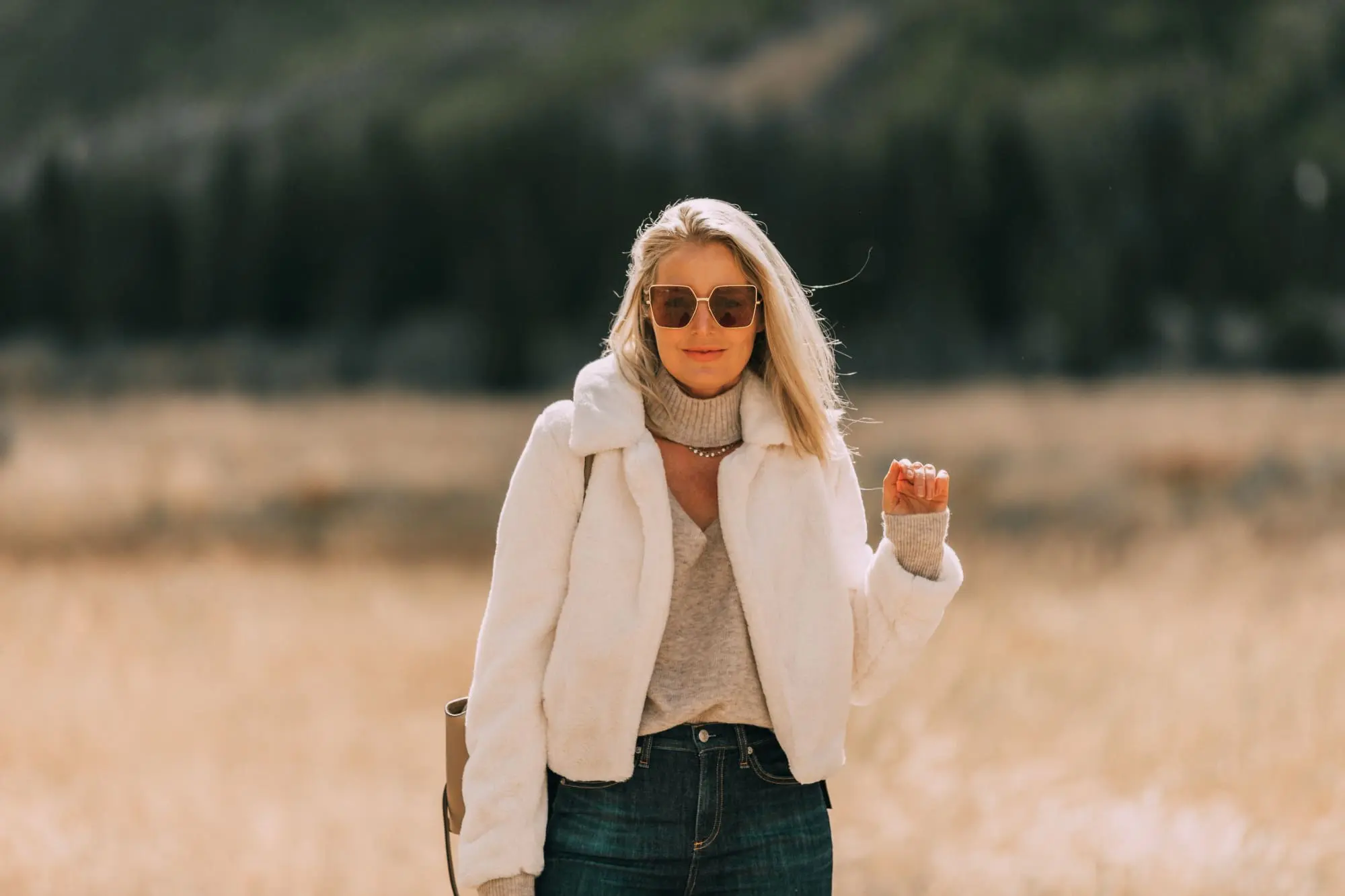 cozy faux fur jacket fashion blogger BLANKNYC white fur jacket outfit with choker cutout sweater
