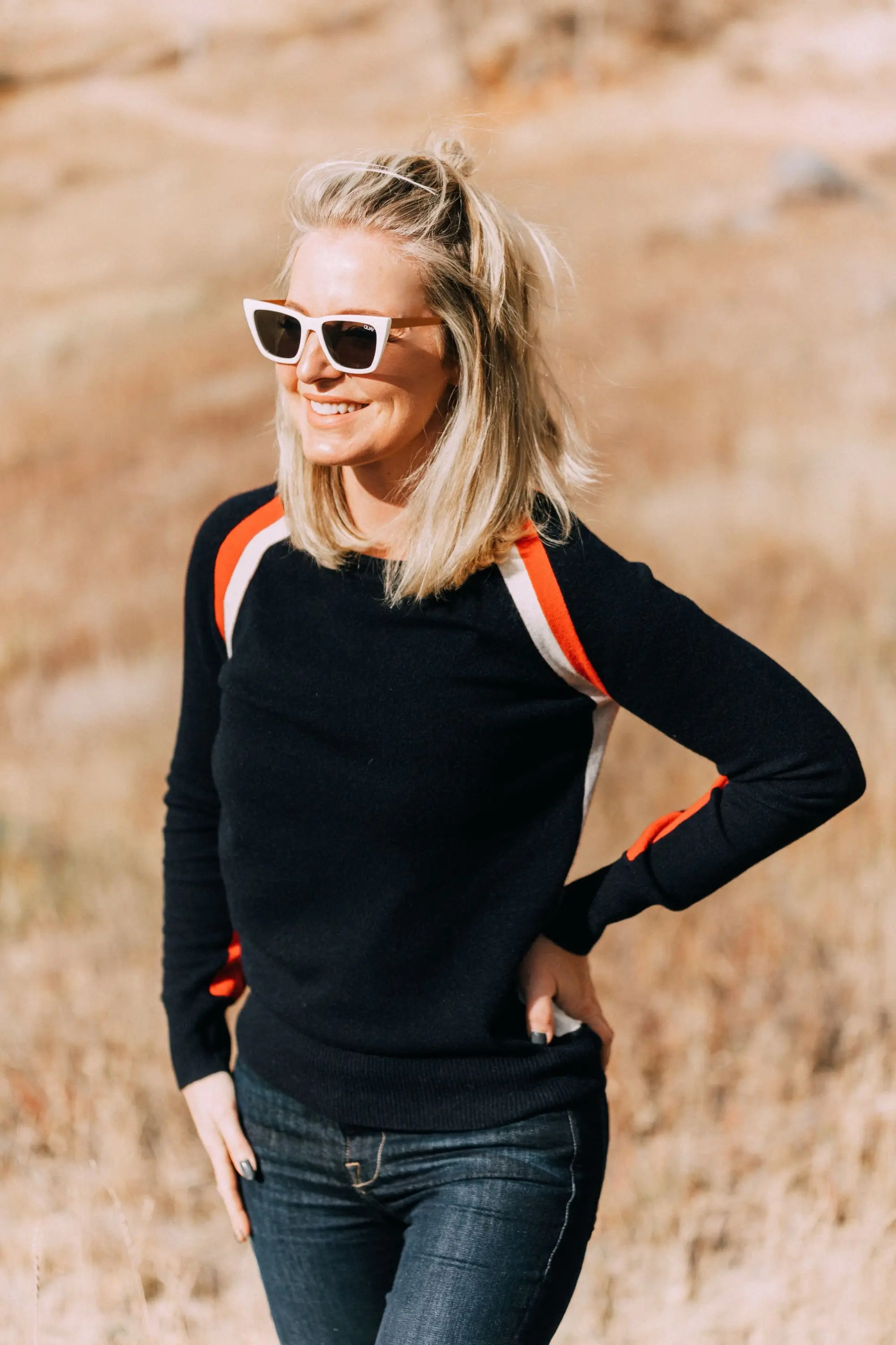 madeleine thompson anastasia cashmere crewneck tan red stripe sweater outfit
