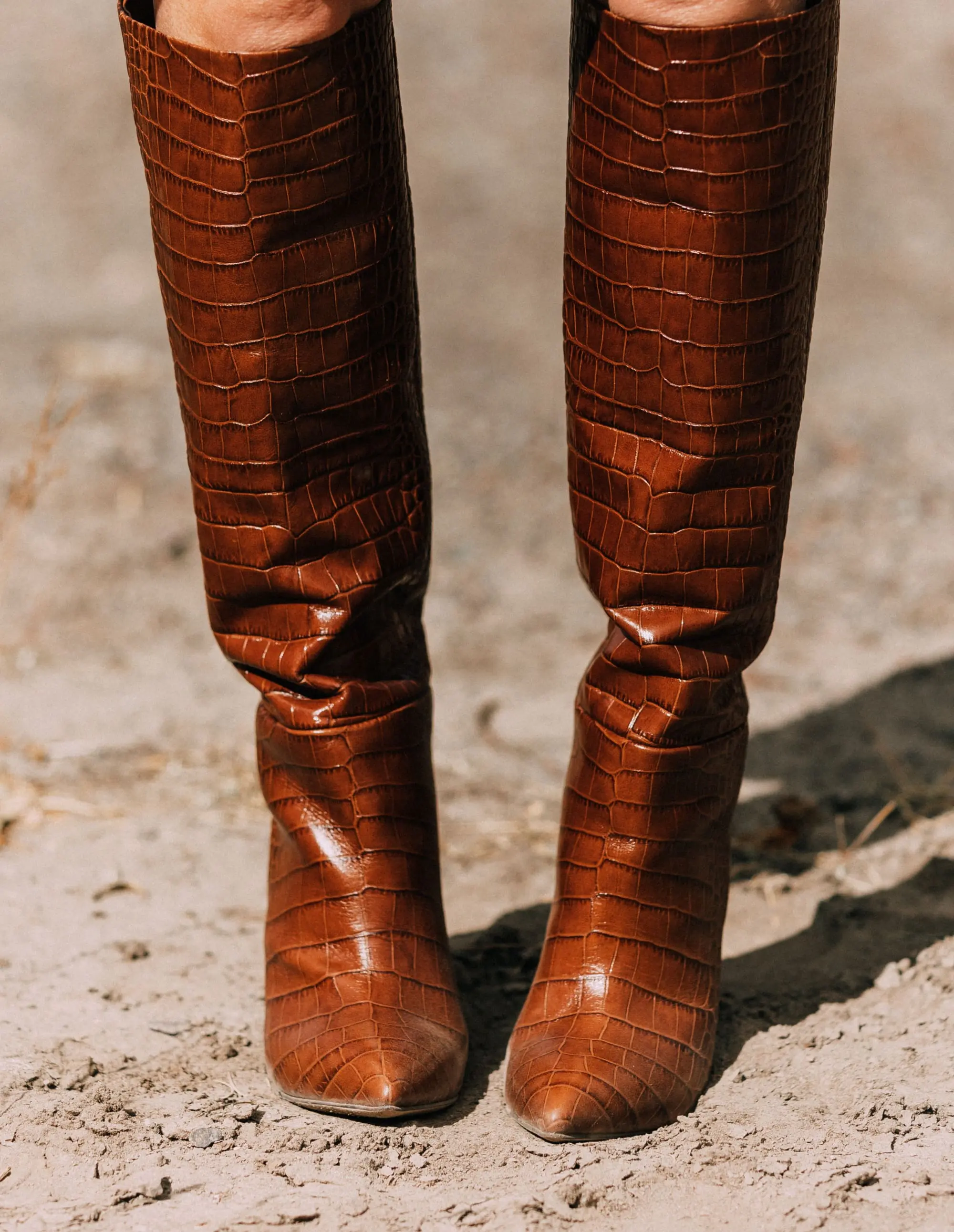 paris texas crocodile embossed brown leather knee high stiletto boots