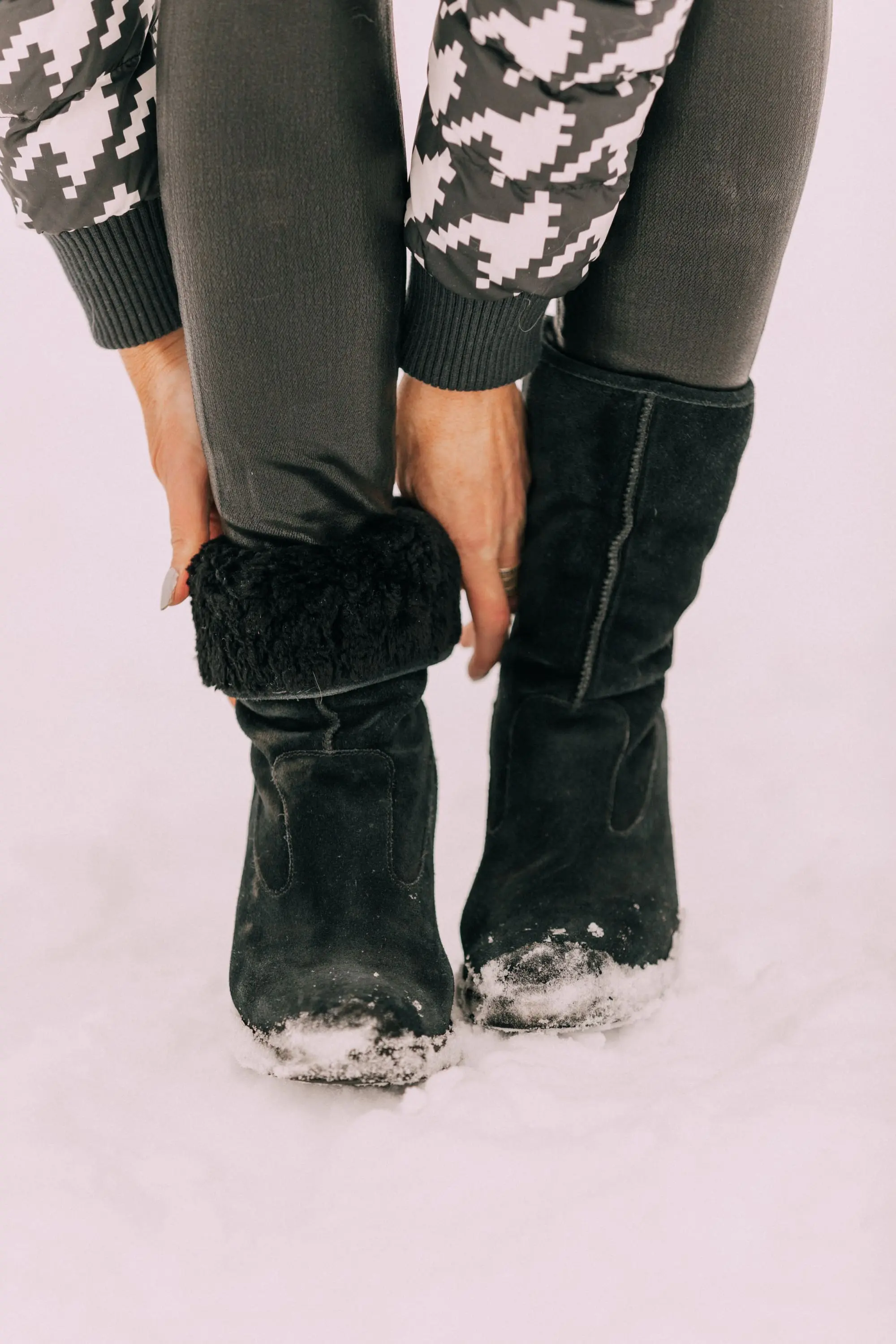 black wedge ugg boots with roll down fur detail