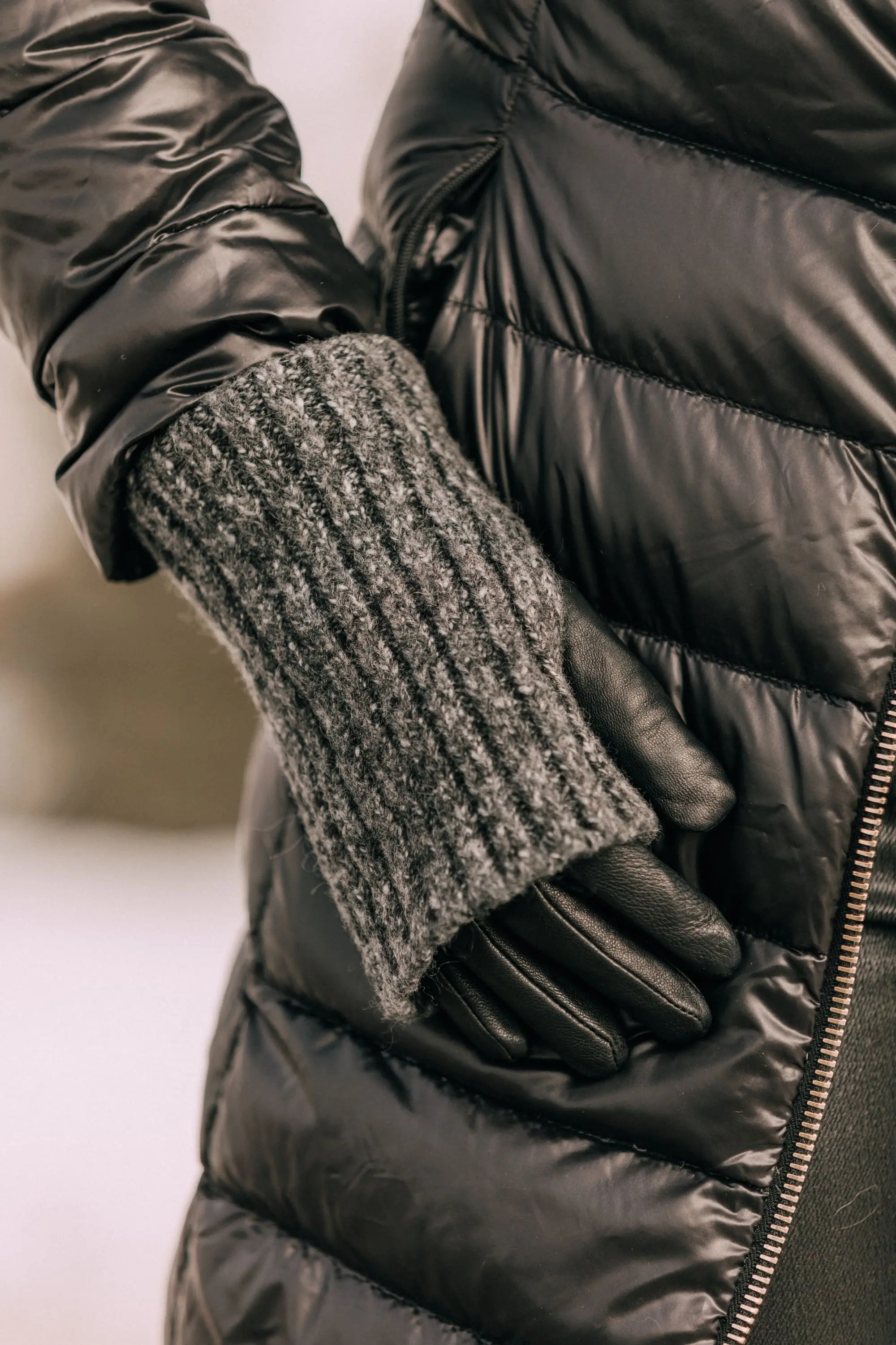 cold weather Winter Accessories featuring gray wool blend and black leather overlay texting gloves