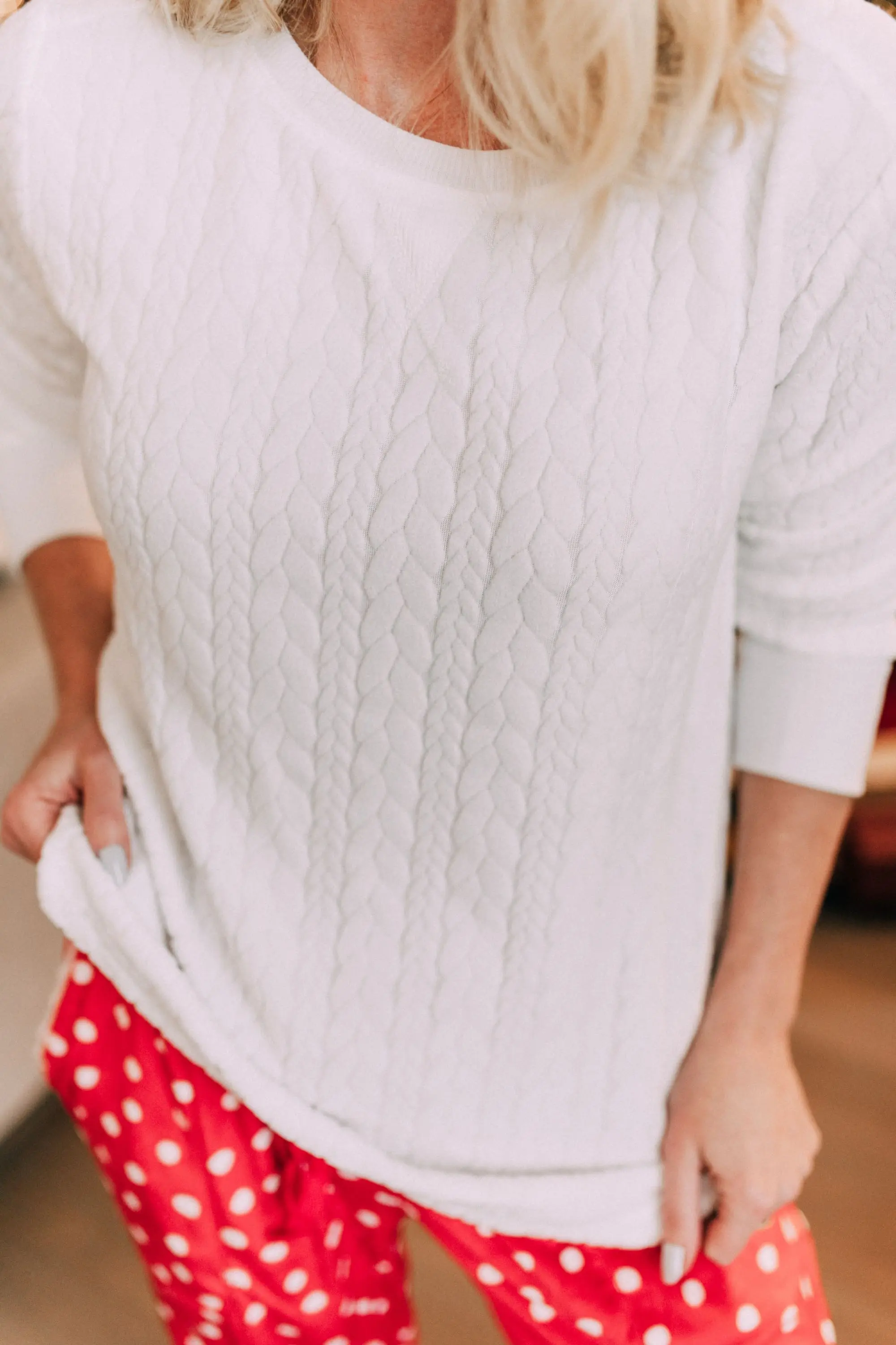 Holiday Traditions, Fashion blogger Erin Busbee of BusbeeStyle.com wearing red fleece polka dot pajama pants with a fleece cable knit pullover from Jockey in Telluride, CO