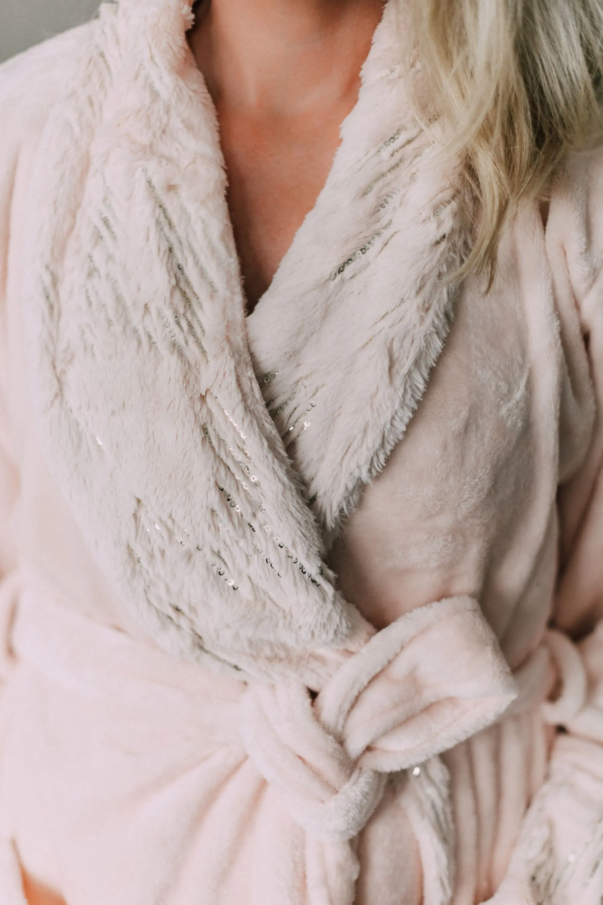 Loungewear Gifts, Fashion blogger Erin Busbee of BusbeeStyle.com wearing stripe tree pajama shorts, pink satin trip camisole, luxe sparkle robe, chenille slippers, fuzzy socks, and Cool Nights eye mask from Soma in Telluride, CO