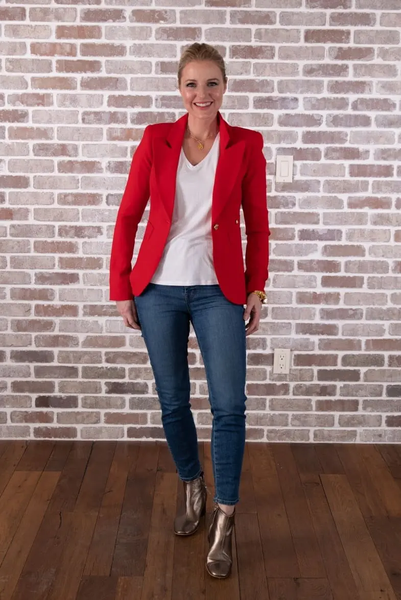 Red Duchess blazer by Smythe on fashion blogger over 40 Erin Busbee of Busbee Style