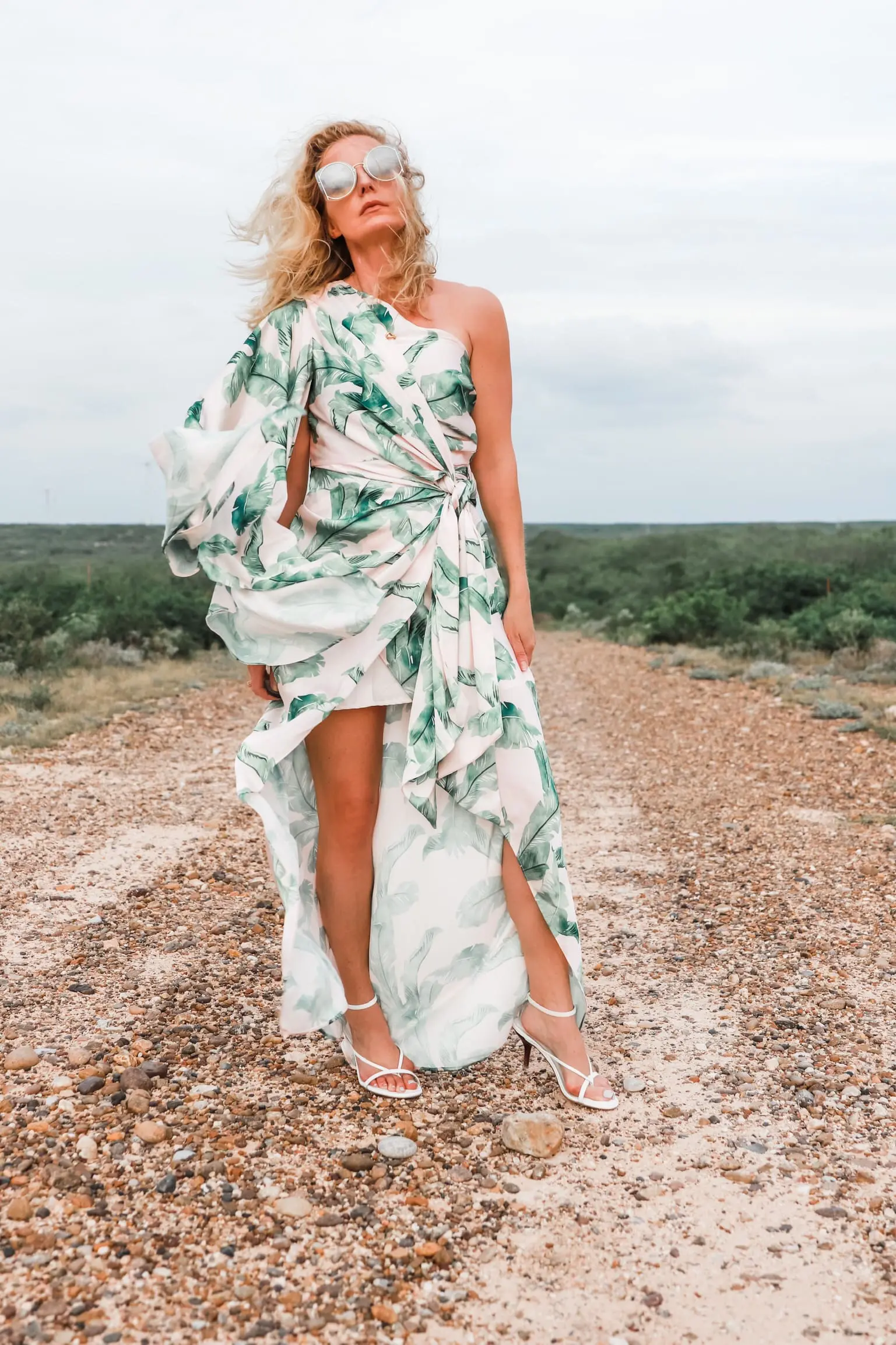 palm print dress, fashion blogger wearing jennifer lopez grammy versace inspired gown Significant Other Bequia palm print dress