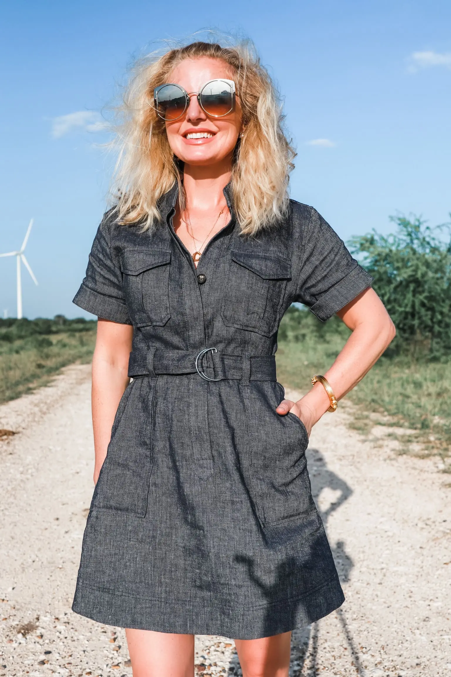 Shirtdress, Fashion blogger Busbee Style wearing chambray A.L.C. shirtdress with Julie Vos bracelet, Salvatore Ferragamo sunglasses