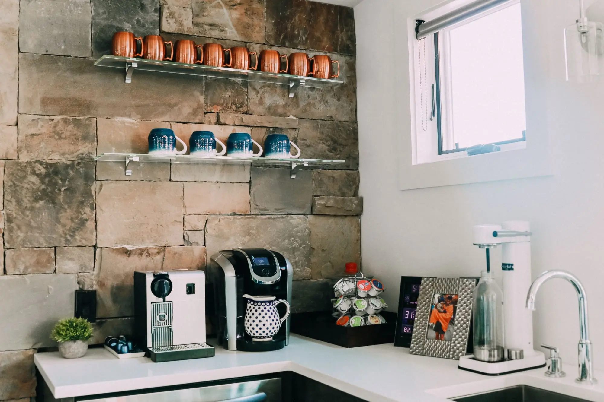 Coffee wet bar Bar, how to update wet bar to family friendly coffee bar, copper mugs, coffee machine