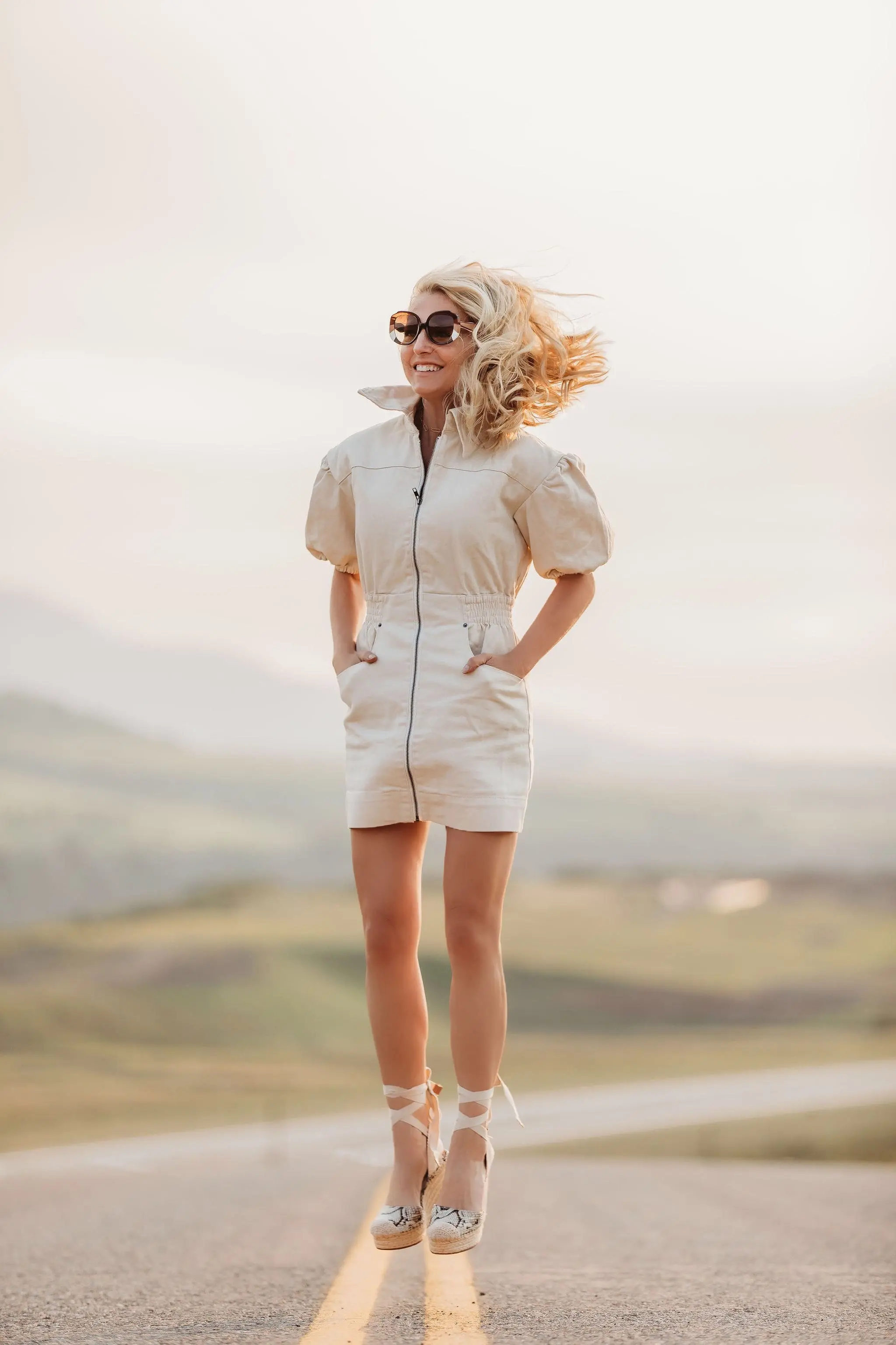 c/meo peripheral puff sleeve mini dress fashion blogger outfit with vince camuto python espadrille wedge sandals Chloe Venus round sunglasses