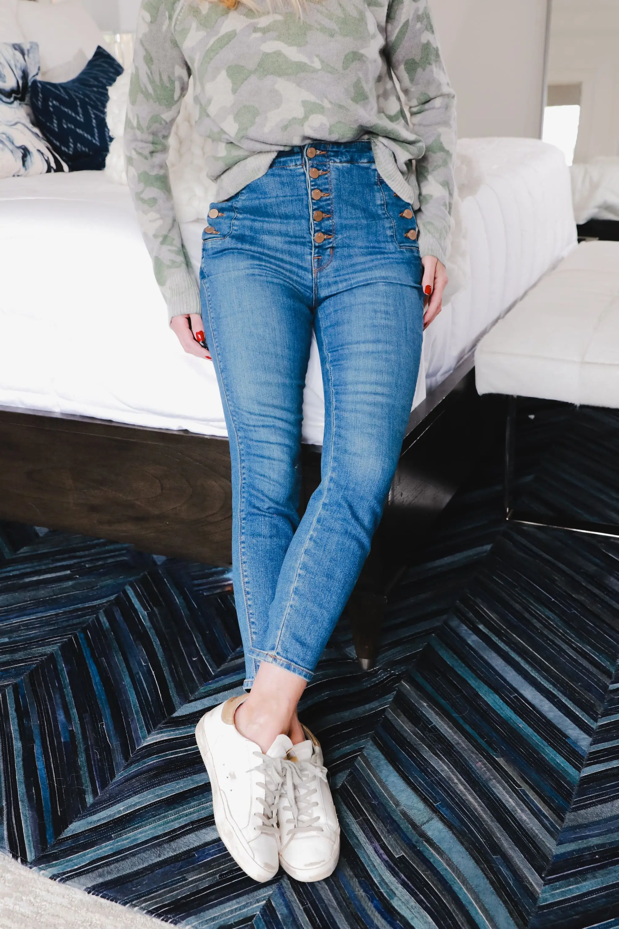 Aqua green camouflage women's crewneck long sleeve cashmere sweater with J Brand Natasha skinny button fly blue jeans and golden goose sneakers