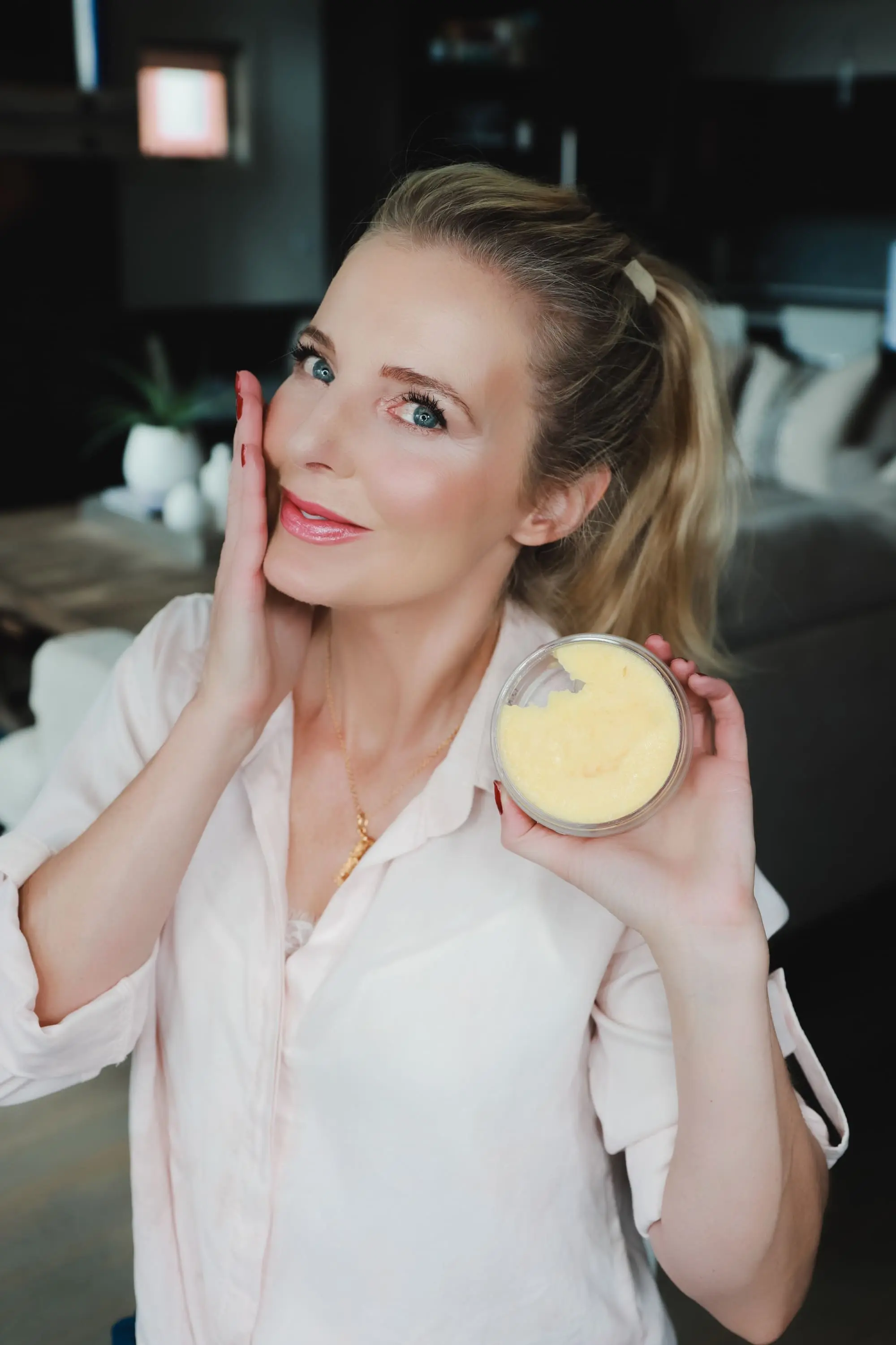 Favorite Skincare Brand, Erin Busbee of Busbee Style using the Colleen Rothschild Radiant Cleansing Balm to get off all makeup in her home in Telluride, Colorado
