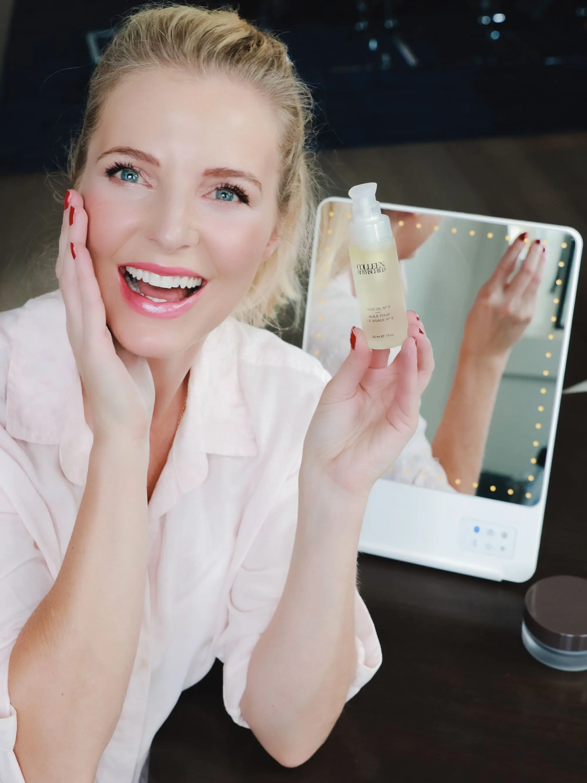 Favorite Skincare Brand, Erin Busbee of Busbee Style using the Colleen Rothschild Face Oil No. 9 in her home in Telluride Colorado