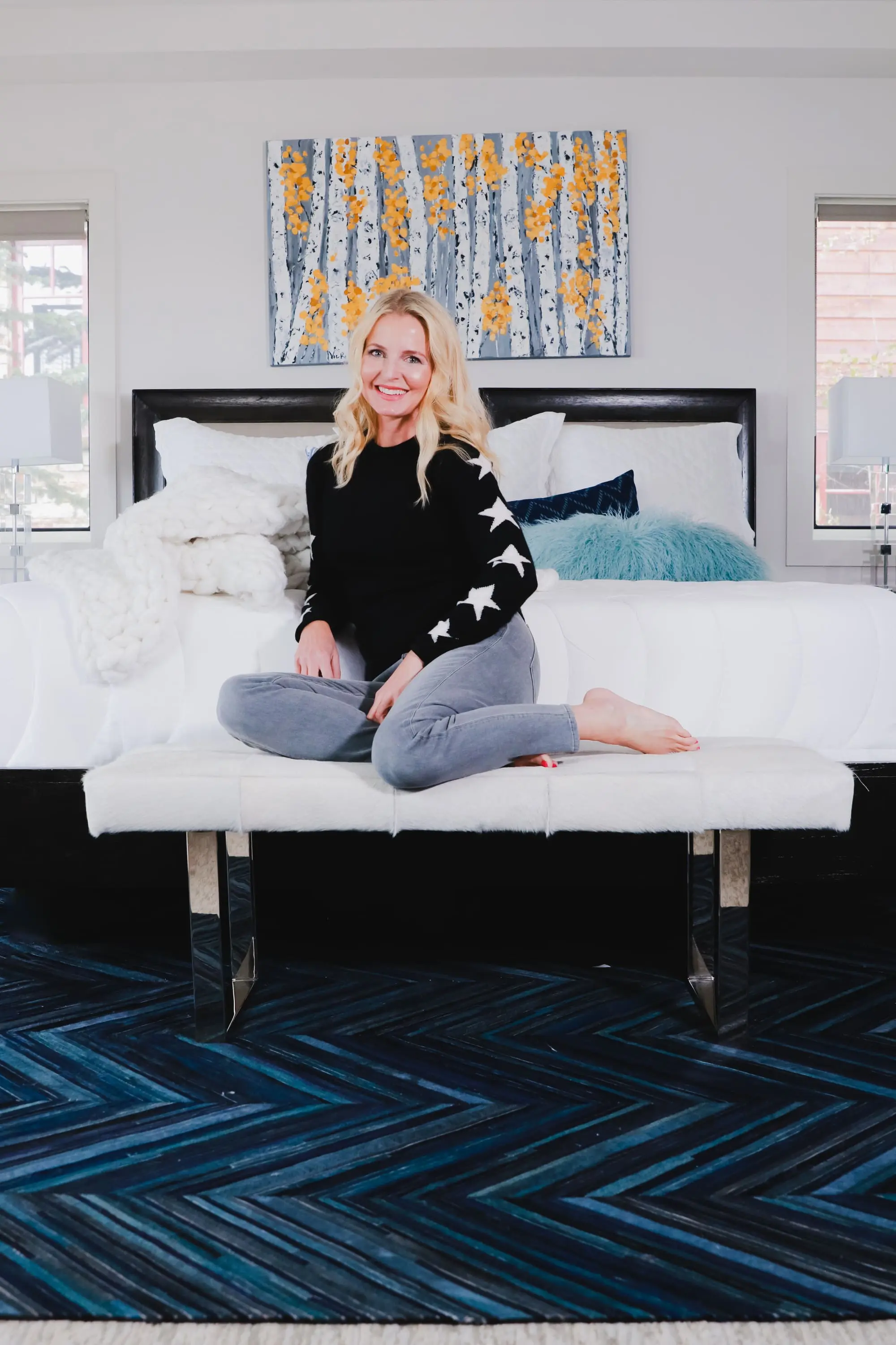 Fall Sweater, Erin Busbee of Busbee Style wearing an Aqua star sleeve sweater with gray J Brand Natasha jeans sitting in her home in Telluride, Colorado