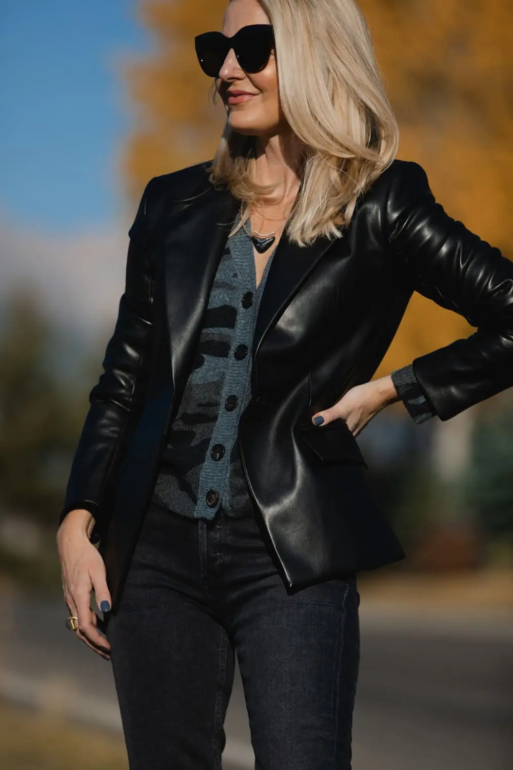 Best blazers from Nordstrom featuring Theory faux leather black blazer on fashion over 40 blogger Erin Busbee