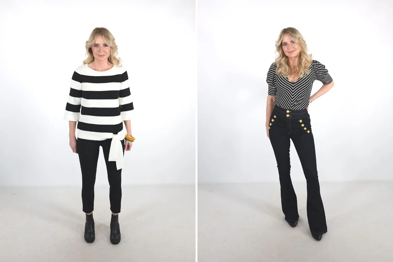 before and after wearing a big striped top