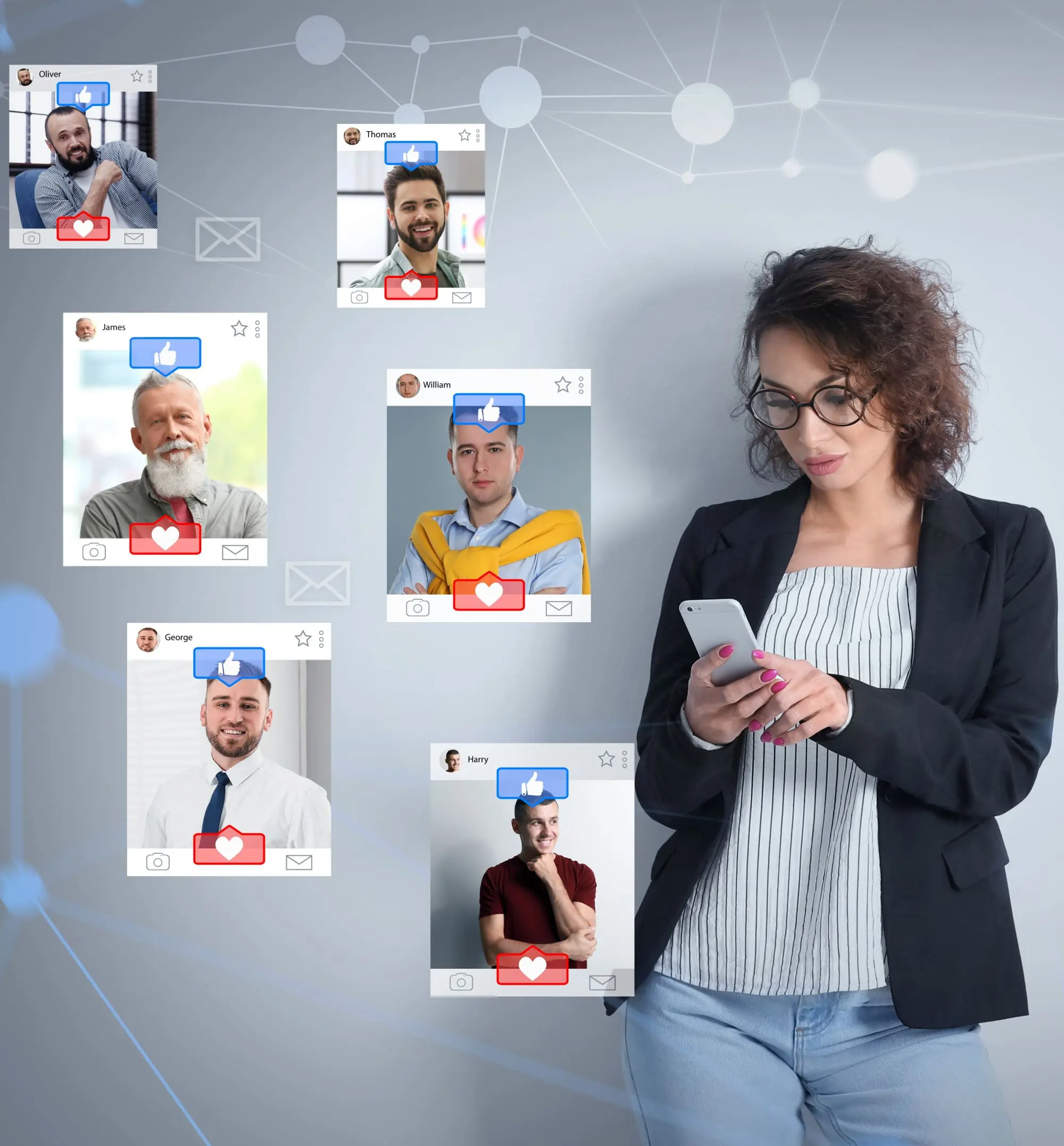 dating profile after 40, woman looking at dating matches on cell phone