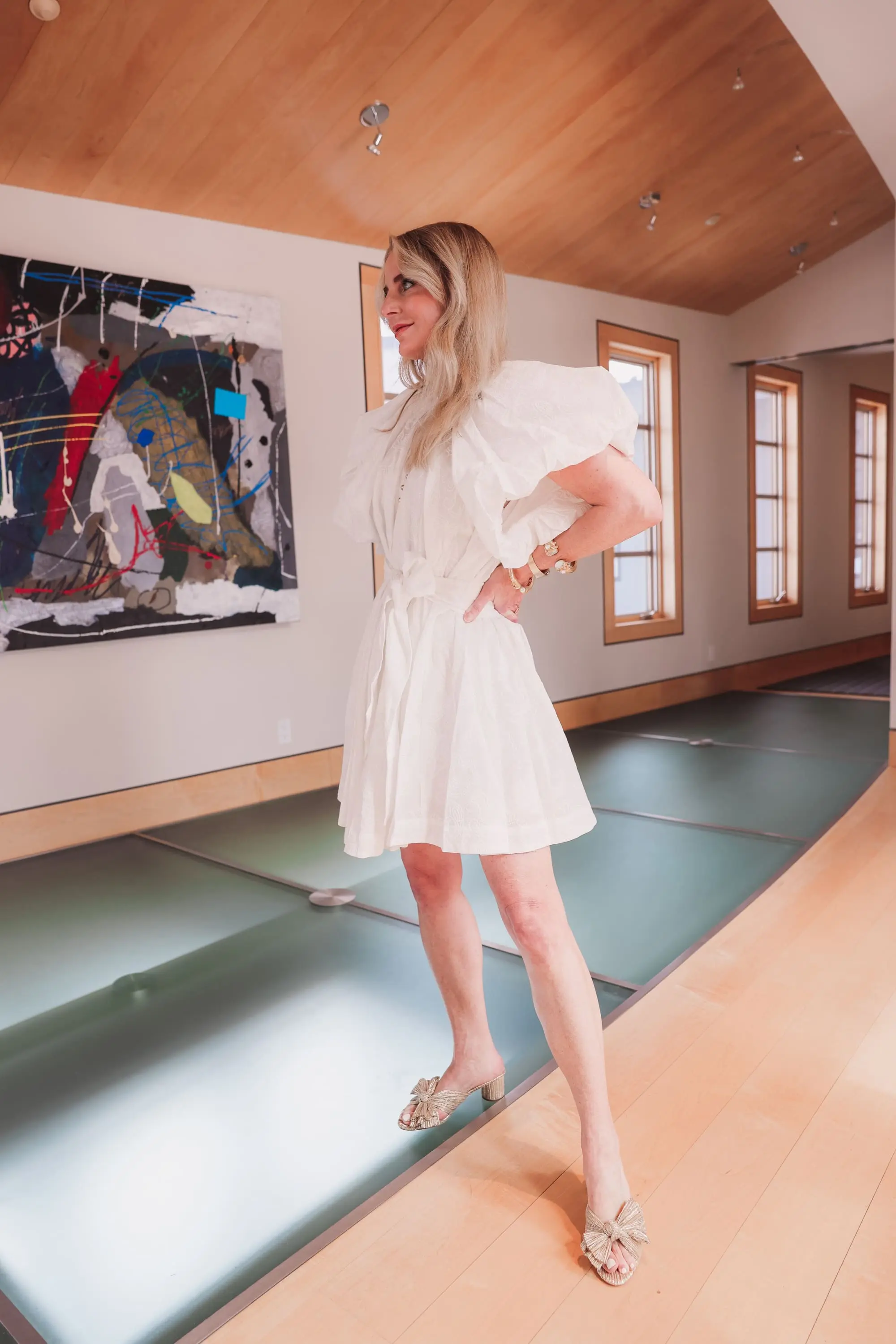 spring shoes, shoe trends spring 2021, best spring shoes, spring shoe styles, shoes for spring, summer shoes, summer sandals, summer shoes list, erin busbee, white alcer puff sleeve gold button dress, Loeffler Randall gold sandals
