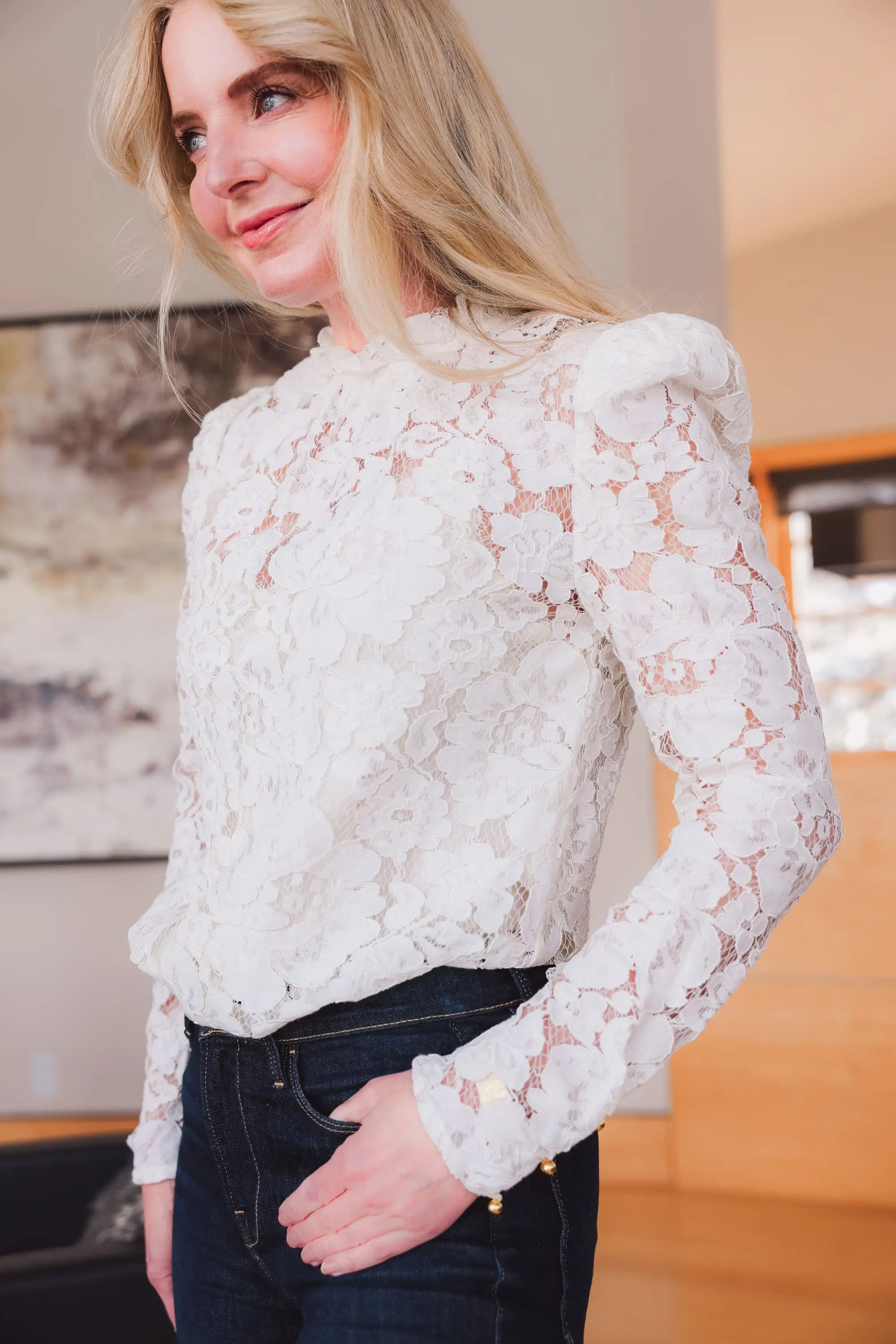 wayf puff sleeve lace top, erin bsubee, long sleeve lace blouse, wayf, lace blouse, lace white top, white top, white top for summer, rag & bone dark wash skinny jeans, gold loeffler randall sandals