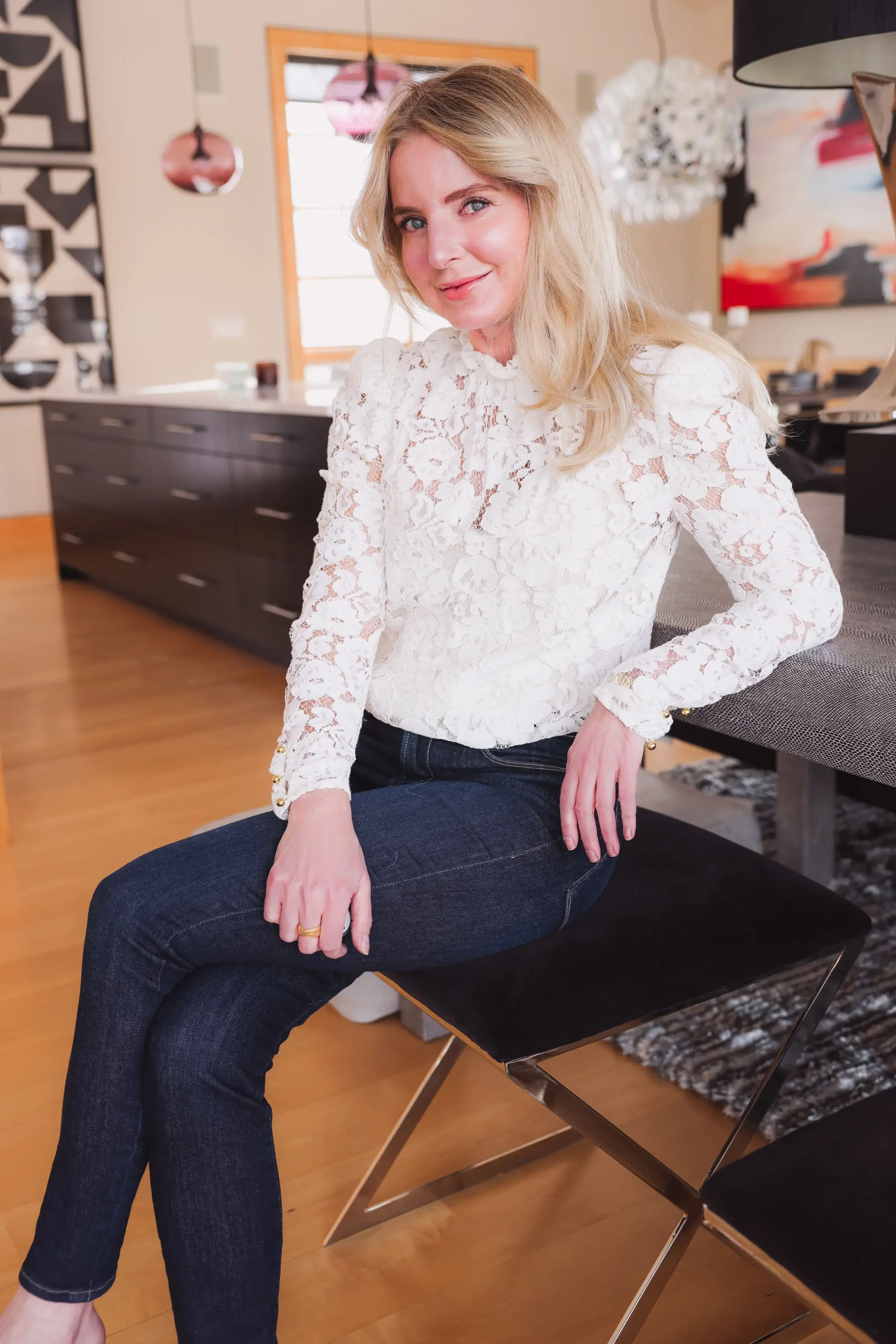 wayf puff sleeve lace top, erin bsubee, long sleeve lace blouse, wayf, lace blouse, lace white top, white top, white top for summer, rag & bone dark wash skinny jeans, gold loeffler randall sandals