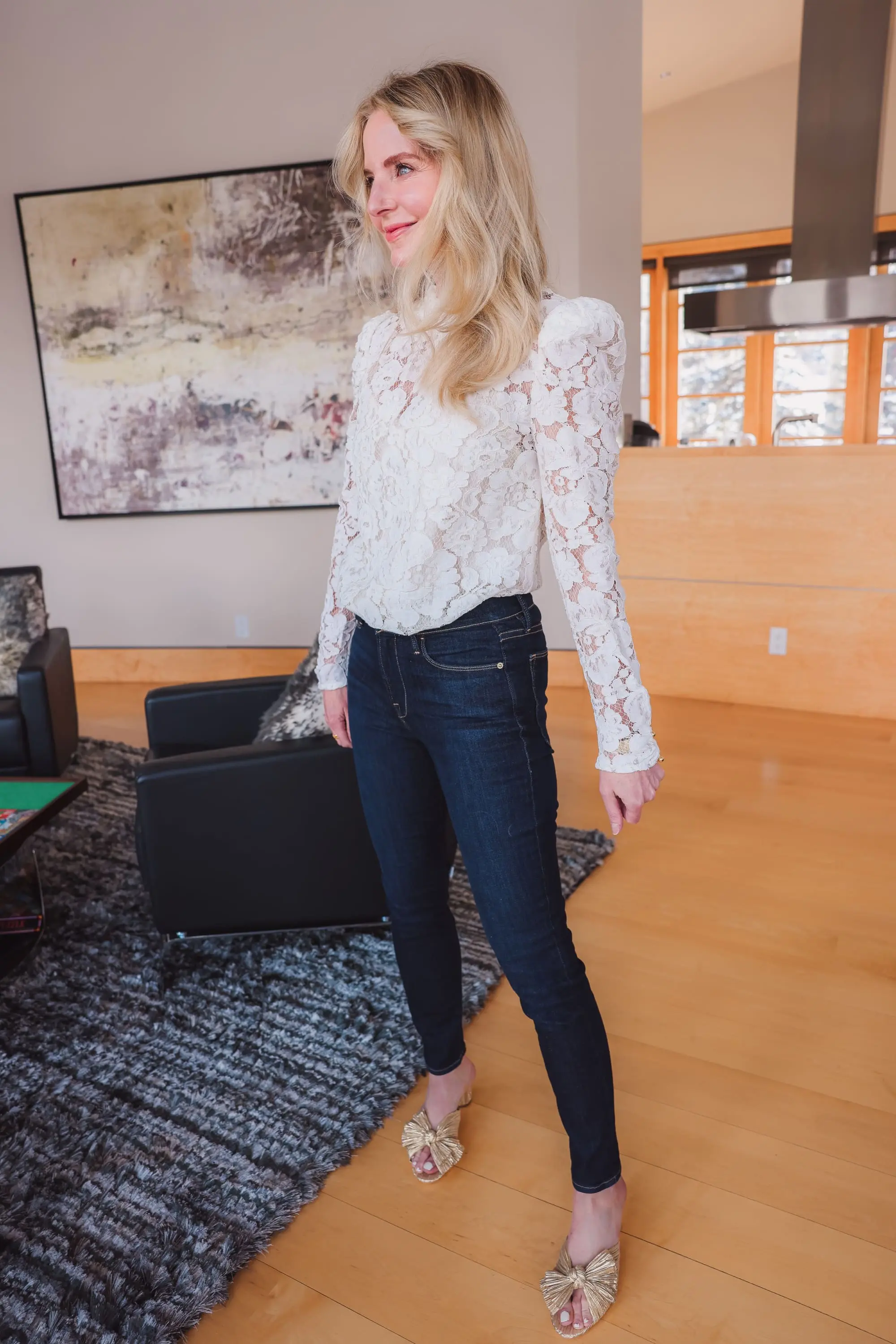 wayf puff sleeve lace top, erin bsubee, long sleeve lace blouse, wayf, lace blouse, lace white top, white top, white top for summer, rag & bone dark wash skinny jeans, gold loeffler randall sandals