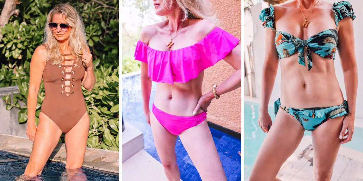beach vacation outfits, what to wear mexico, what to pack mexico, what i wore mexico, erin busbee, bleu by rod beattie brown plunge neck one piece swimsuit, pink trina turk bikini, blue tropical print patbo bikini