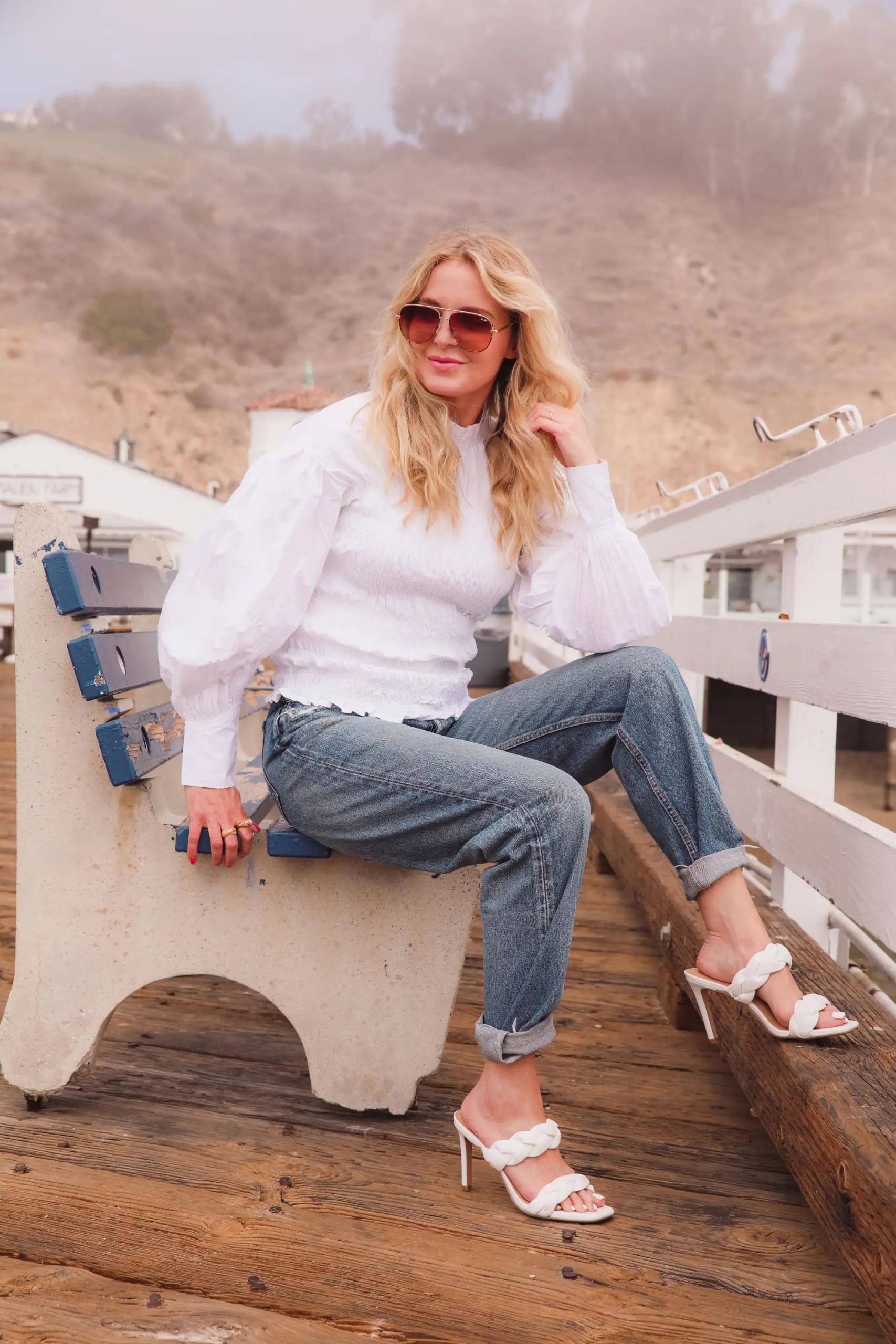 baggy jeans, how to wear baggy jeans, baggy jeans over 40, ganni puff sleeve top, moussy baggy jeans, express braided sandals