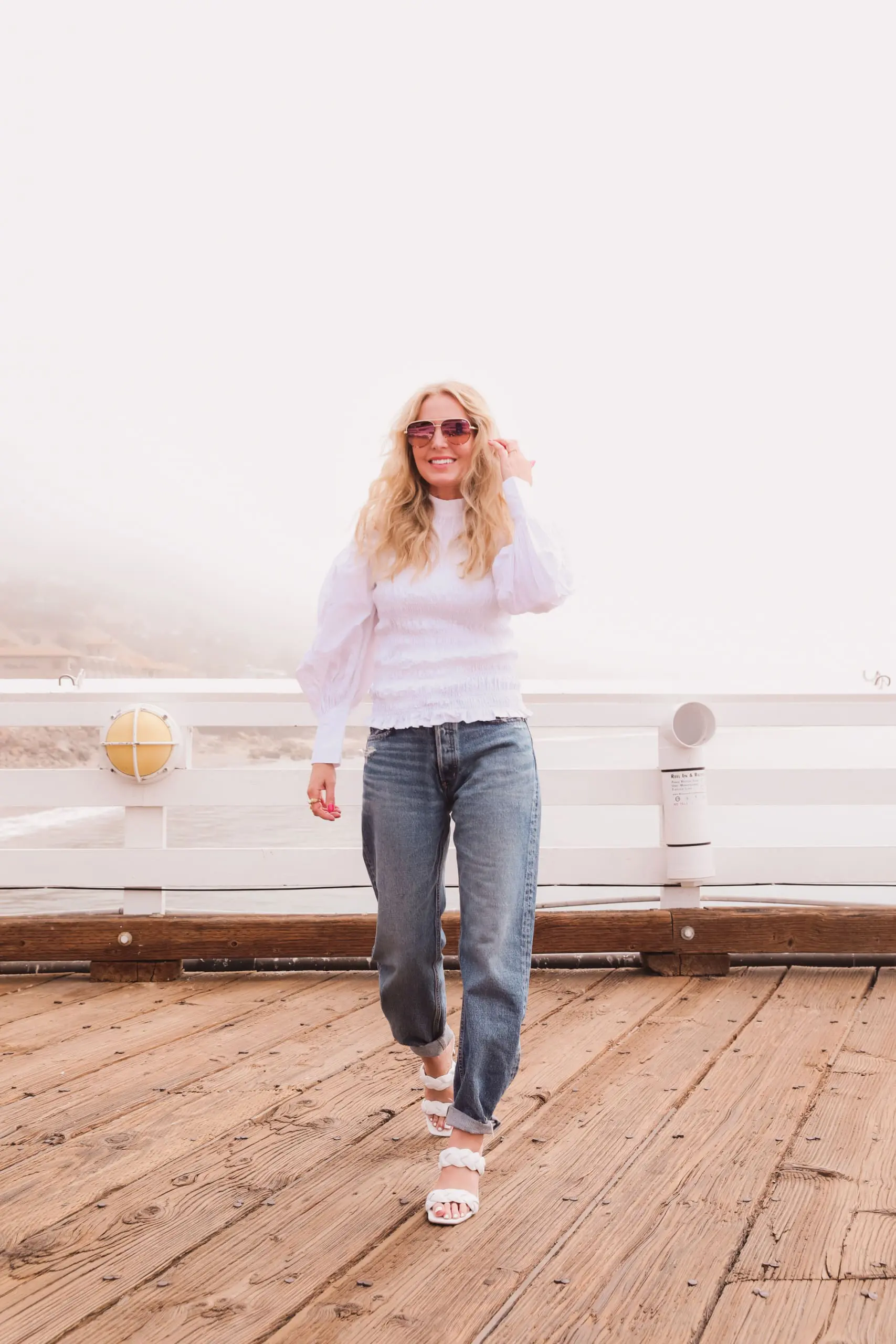 baggy jeans, how to wear baggy jeans, baggy jeans over 40, ganni puff sleeve top, moussy baggy jeans, express braided sandals, best baggy jeans