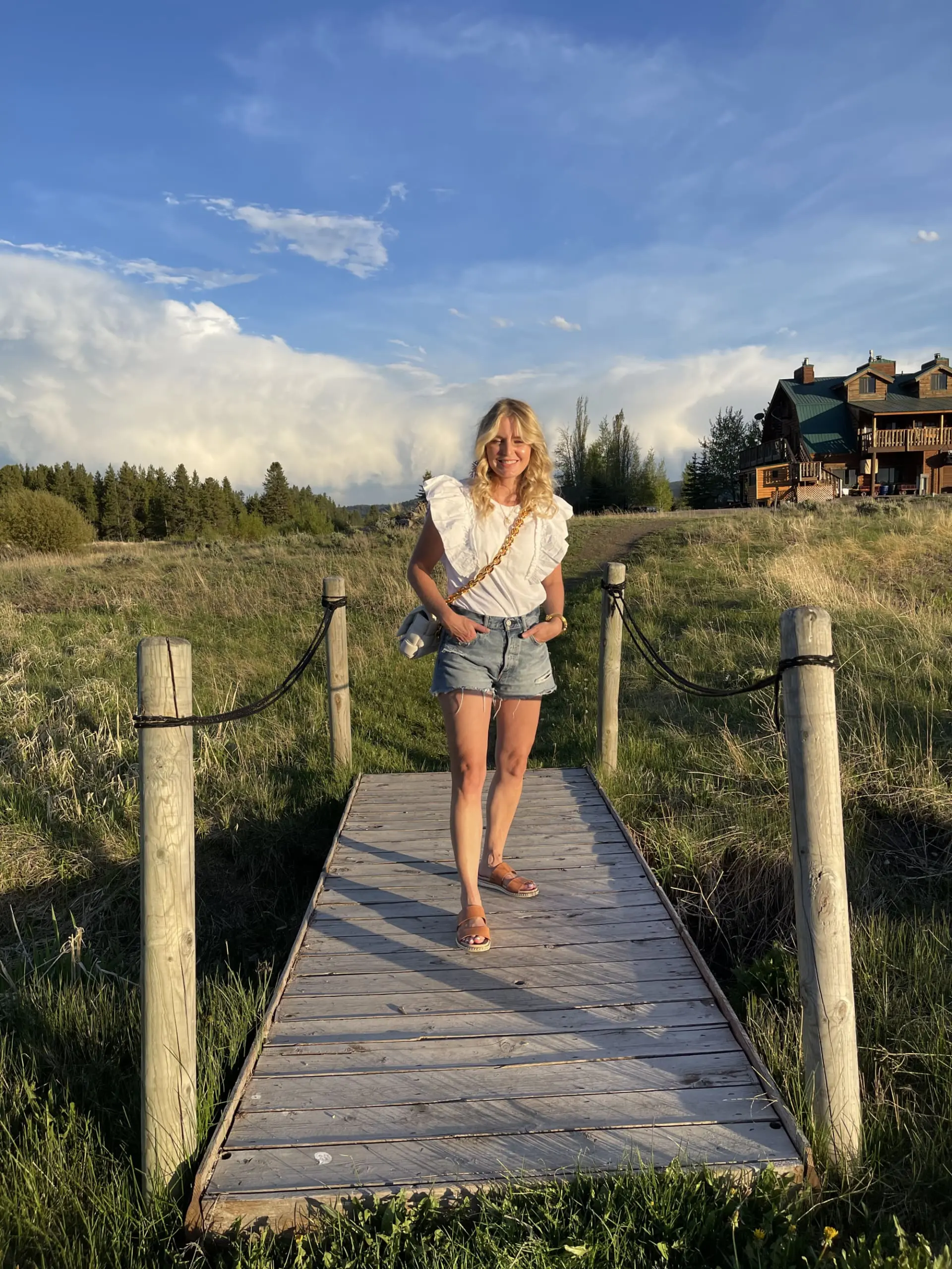 where to stop on a cross-country road trip, best places to stop on a cross country road trip, cross country road trip, west coast to east coast road trip, erin busbee, traveling with kids, how to travel with kids, how to travel with a dog, cross country road trip with kids, travel outfit, sam edelman sandals, moussy vintage jeans, Nation LTD ruffle sleeve top, bottega veneta chain cassette bag, fashionable travel clothes