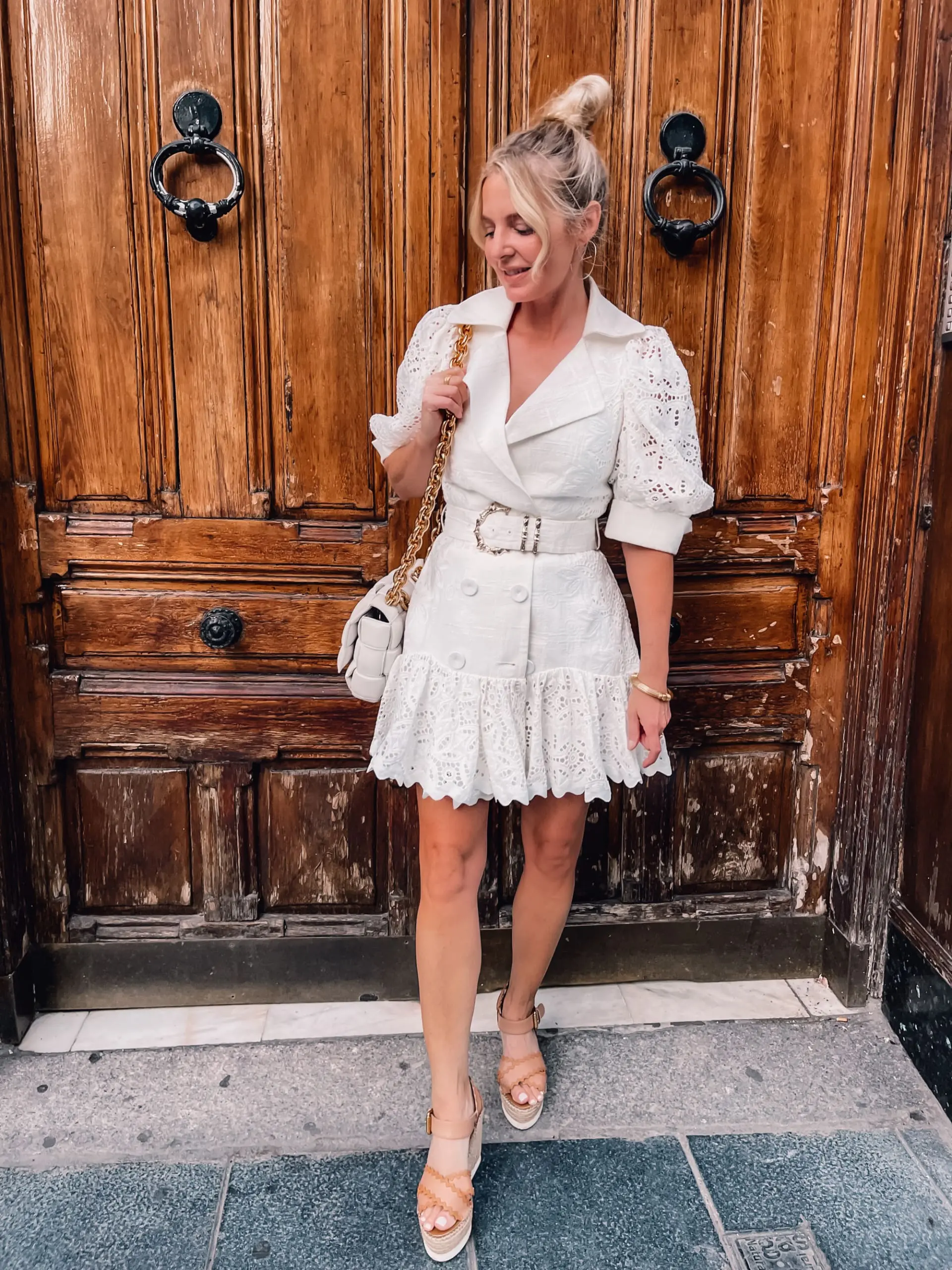 what to wear in spain, how to dress in spain, madrid, how to dress in madrid, what to wear in madrid, how to pack for a trip to spain, trip to spain, packing for spain, erin busbee, acler belted flounce dress, see by chloe espdarille wedges, bottega veneta chain cassette bag