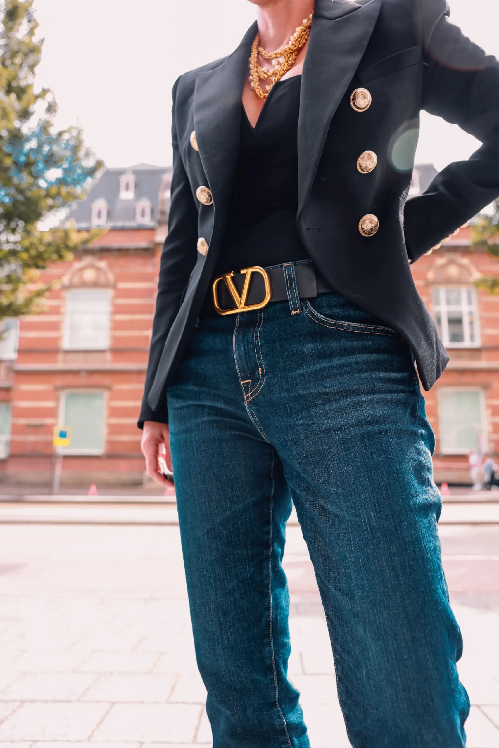 casual date night outfit, what to wear date night, how to dress for date night, date night look, casual date night, easy date night outfit, erin bsubee, balmain blazer, ag ex-boyfriend jeans, schutz black bette booties, valentino belt, lulu notch neck bodysuit, amsterdam, netherlands